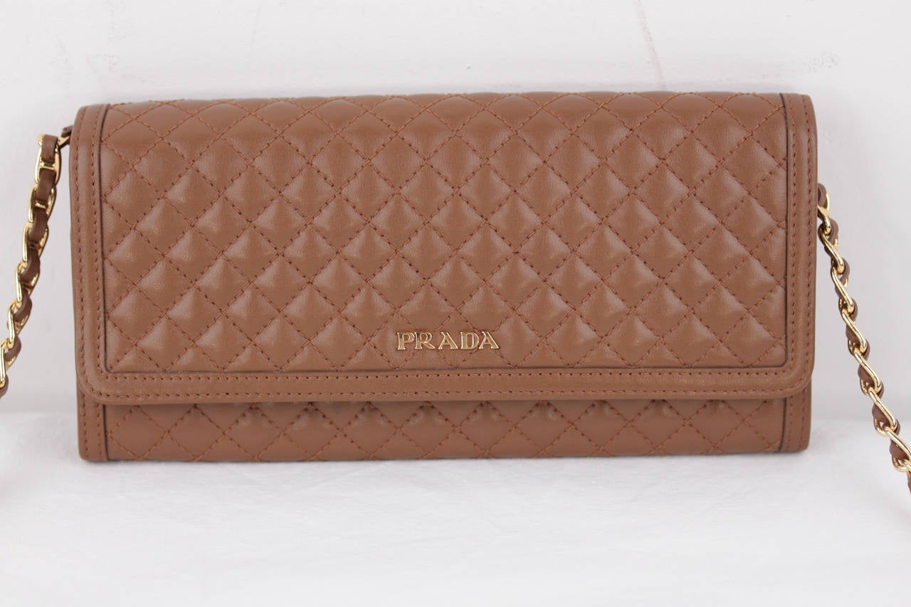 PRADA Tan CANNELLA Soft Calf QUILTED Leather CHAIN WALLET Purse ...  