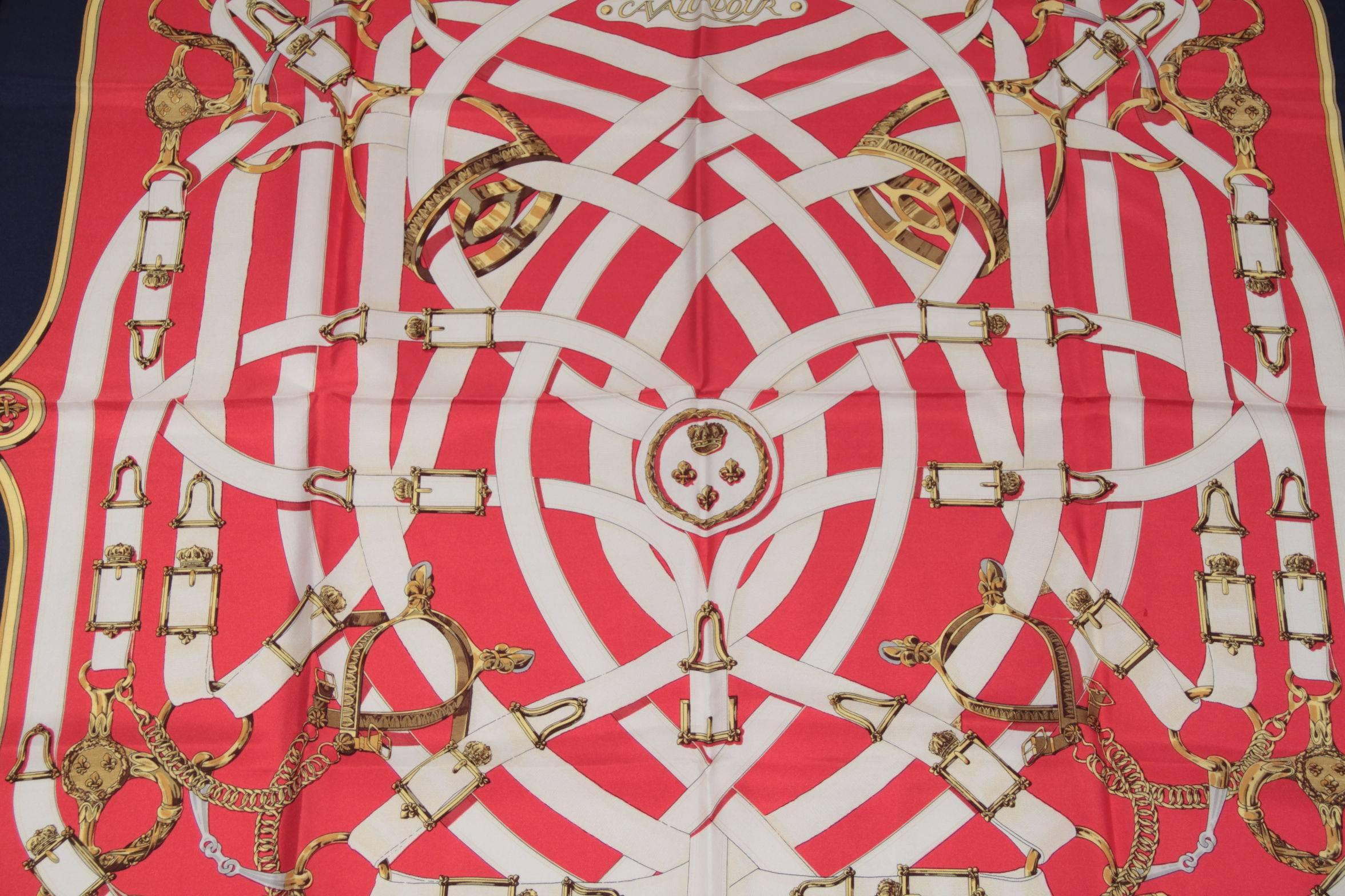 HERMES PARIS Navy Blue & Red Silk SCARF CAVALCADOUR Henry D'Origny 1981 1