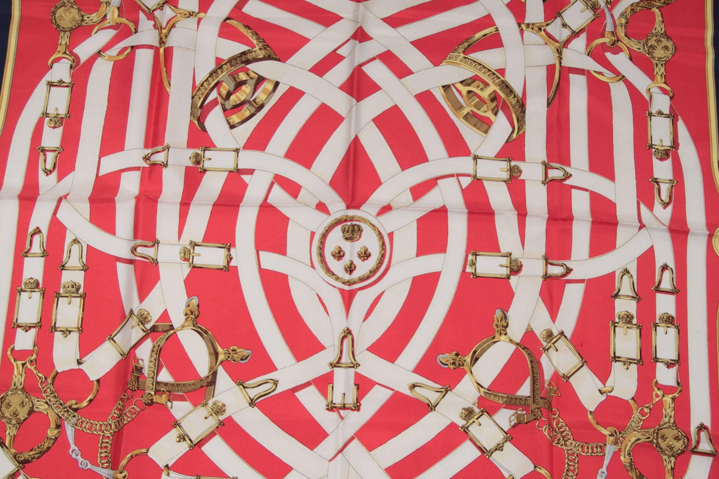 HERMES PARIS Navy Blue & Red Silk SCARF CAVALCADOUR Henry D'Origny 1981 In Excellent Condition In Rome, Rome