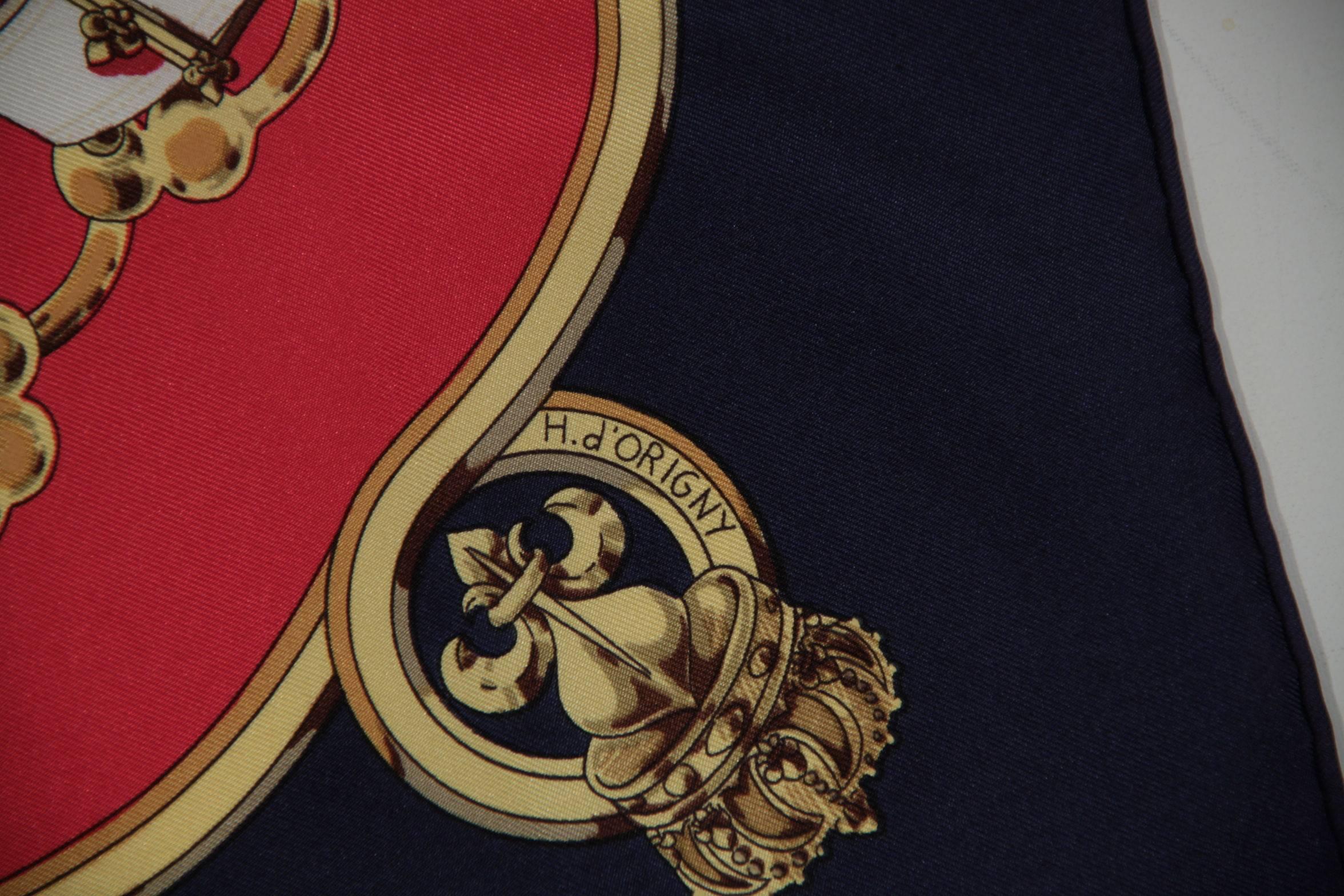 HERMES PARIS Navy Blue & Red Silk SCARF CAVALCADOUR Henry D'Origny 1981 3
