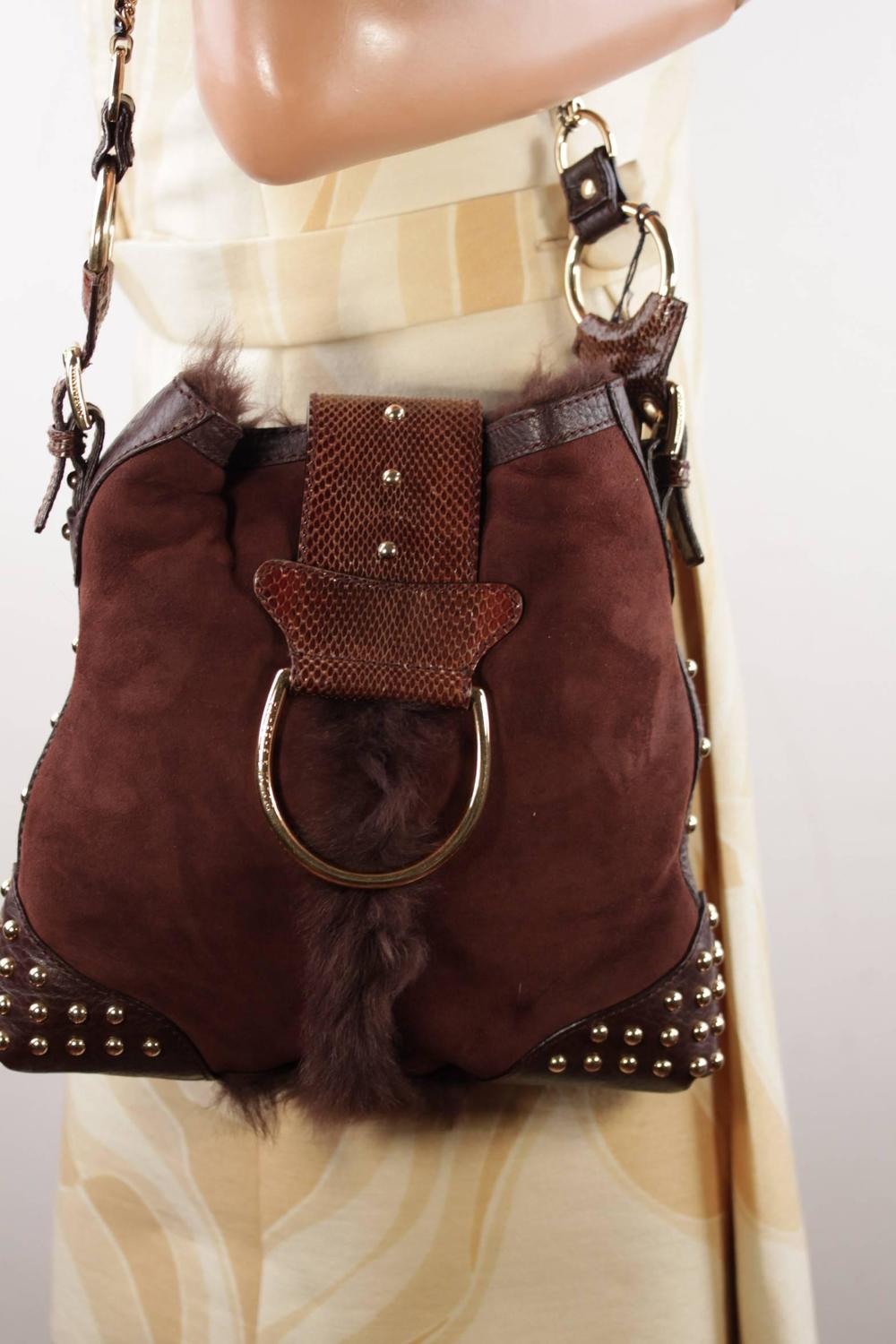 DOLCE and GABBANA Italian Brown Suede and Fur SHOULDER BAG w/ STUDS and