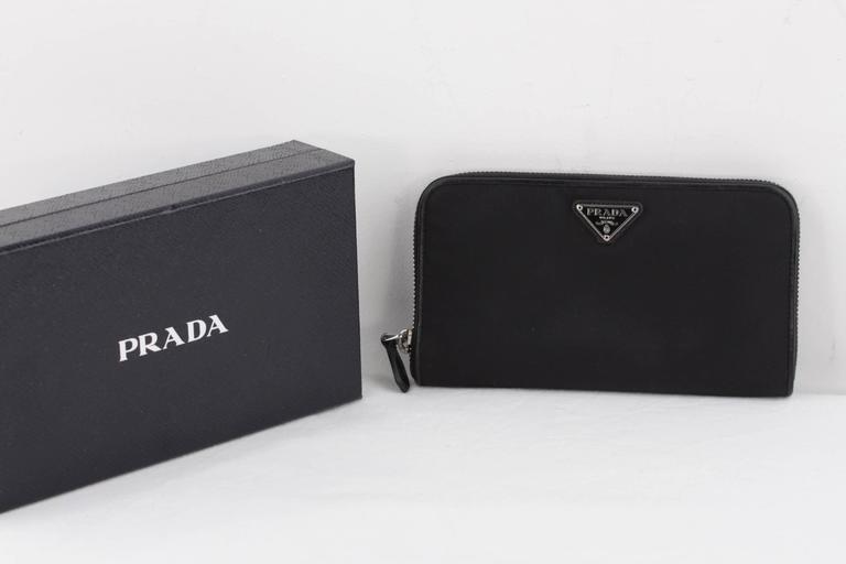 PRADA Black Vela Canvas and Leather LONG ZIP AROUND WALLET Coin Purse w