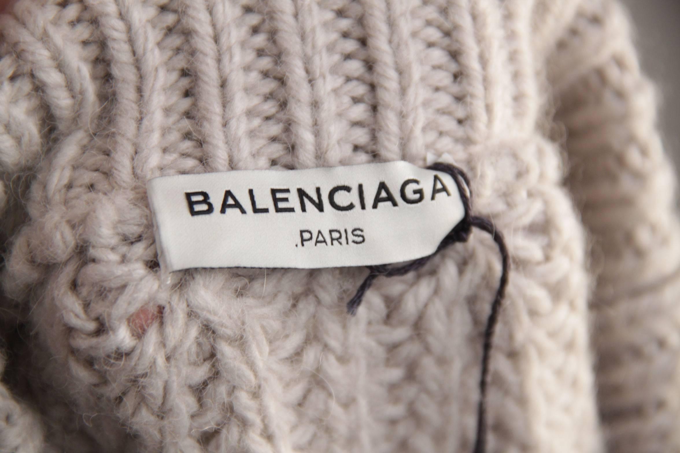 Women's BALENCIAGA Beige Gray CHUNKY KNIT JUMPER Cropped Sleeves Sweater SIZE 36 