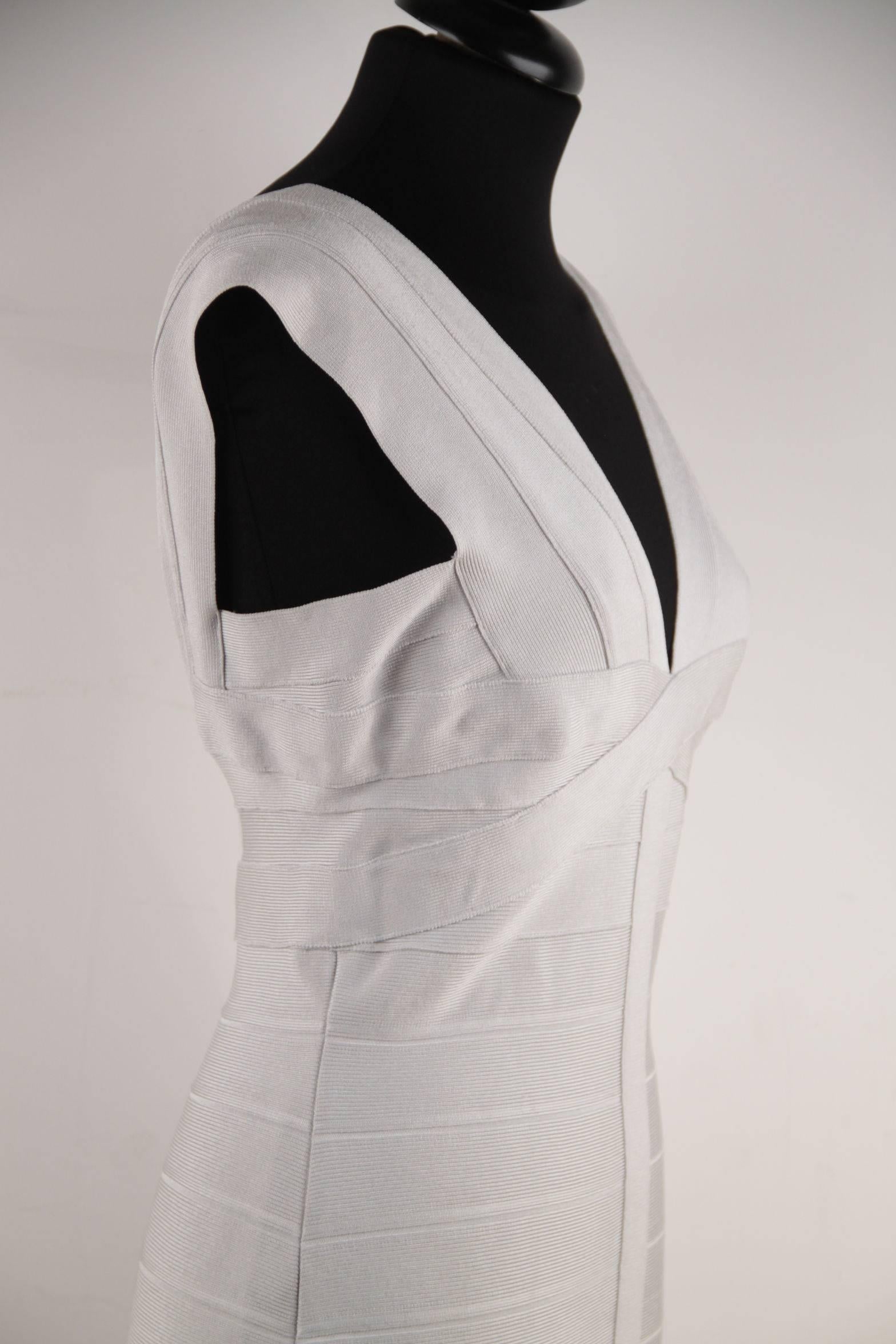 HERVE LEGER Pearl Gray Bodycon BANDAGE DRESS Sleeveless V NECK Size M CP 4