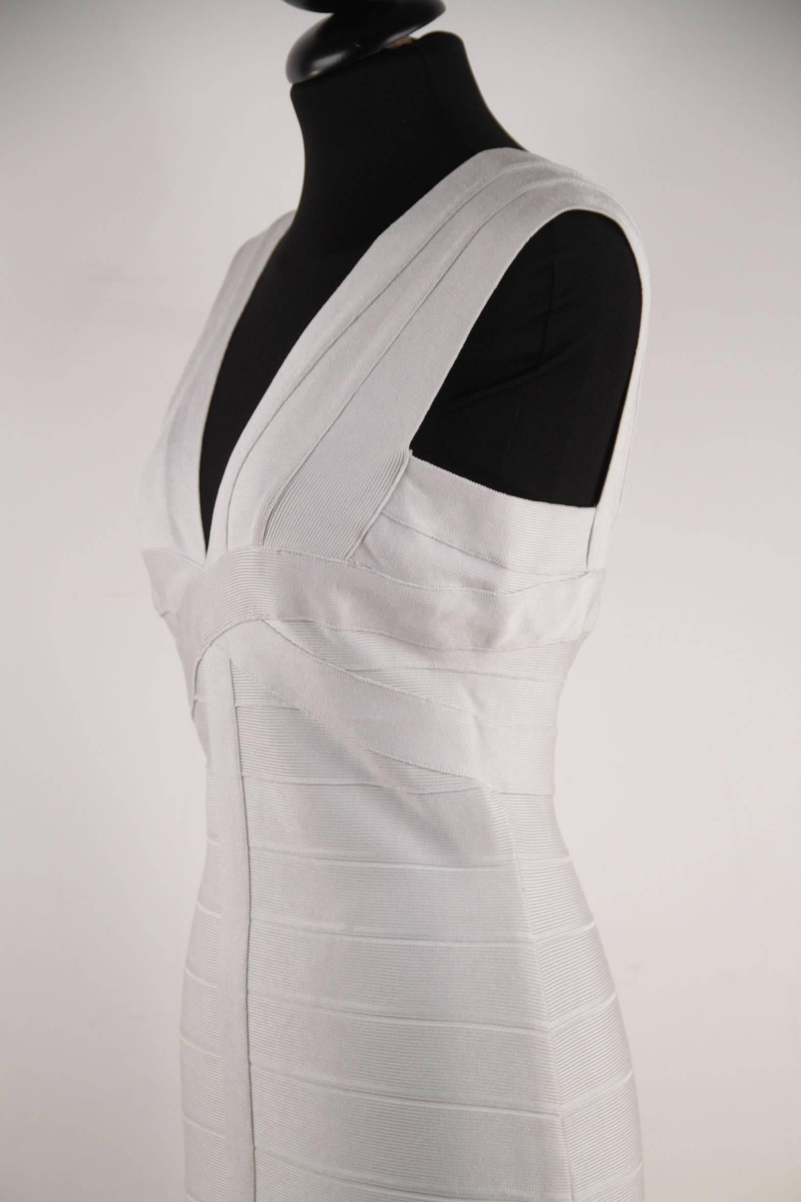 HERVE LEGER Pearl Gray Bodycon BANDAGE DRESS Sleeveless V NECK Size M CP 2