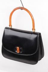 GUCCI Italienische VINTAGE Schwarze Lederhandtasche Klappe Geldbörse mit BAKELITE HÄNDEL Selten