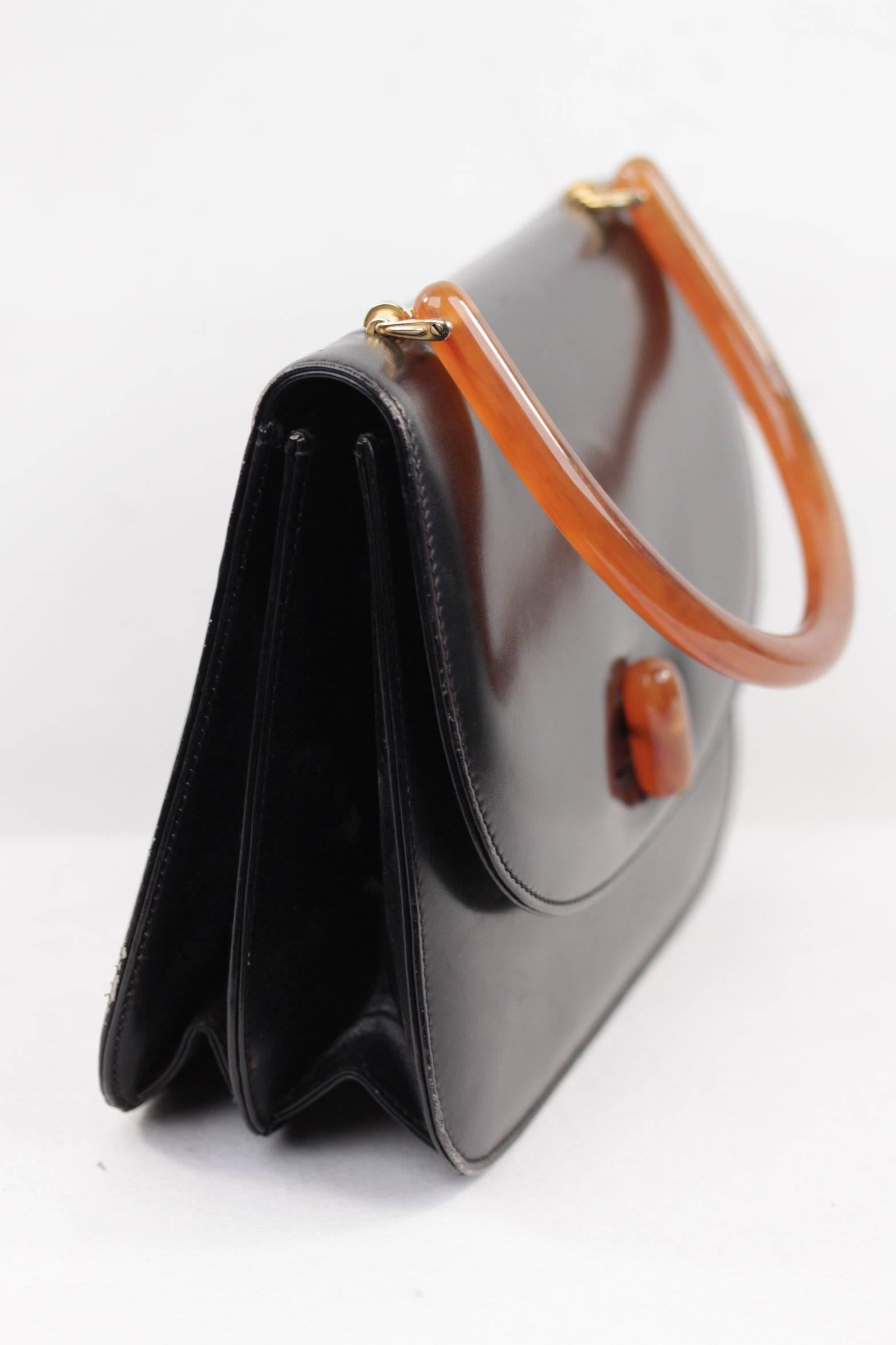 GUCCI Italian VINTAGE Black Leather HANDBAG Flap Purse w/ BAKELITE HANDLE Rare 3