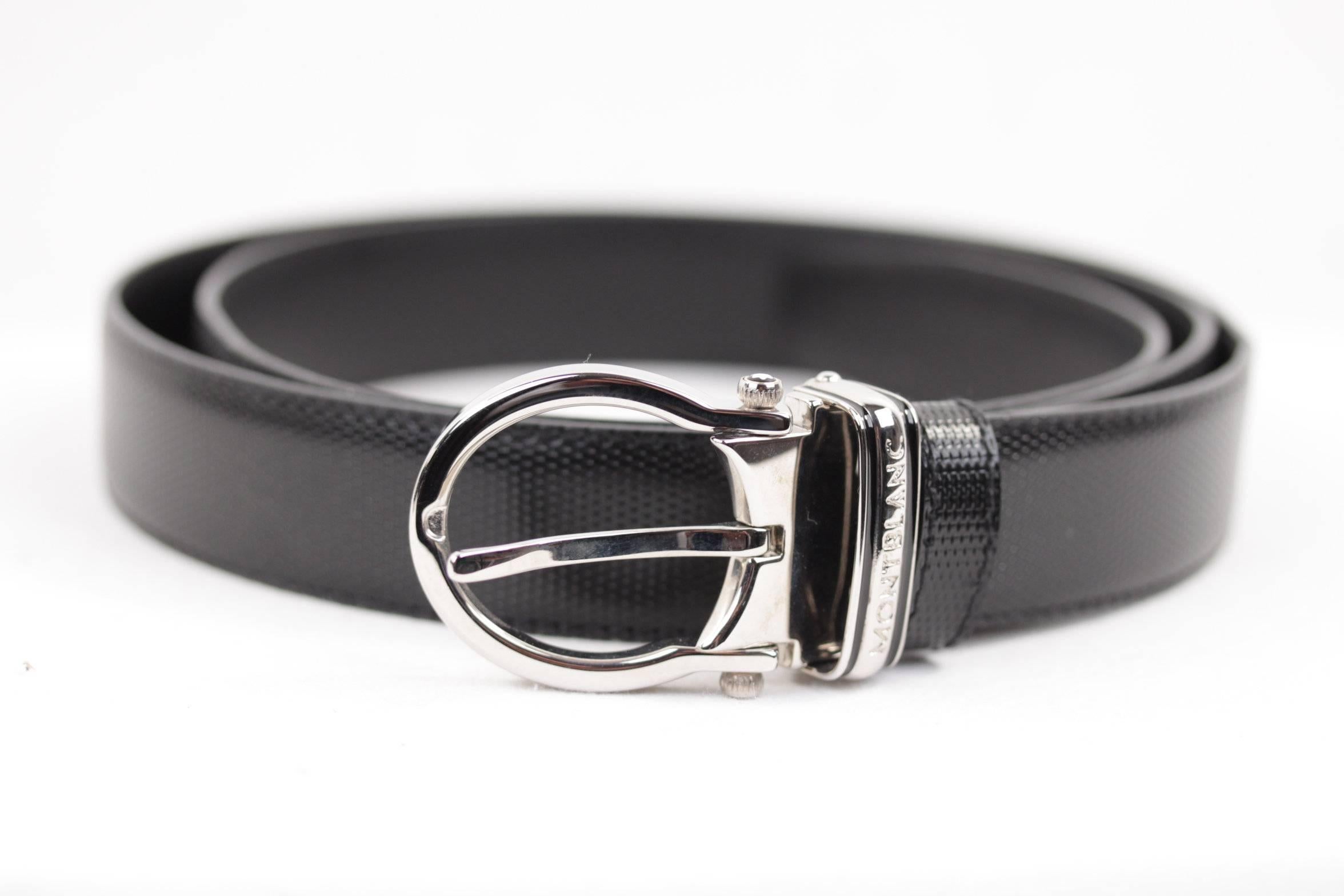  - Black genuine leather
- Silver metal oval shaped Buckle
- Single prong closure
- 7-hole adjustment
- 1 /4 inches - 3,2 cm wide
- Approx. total lenght (buckle included): 50 1/4 inches - 127,6 cm
Comes with its original MONTBLANC box, dustbag