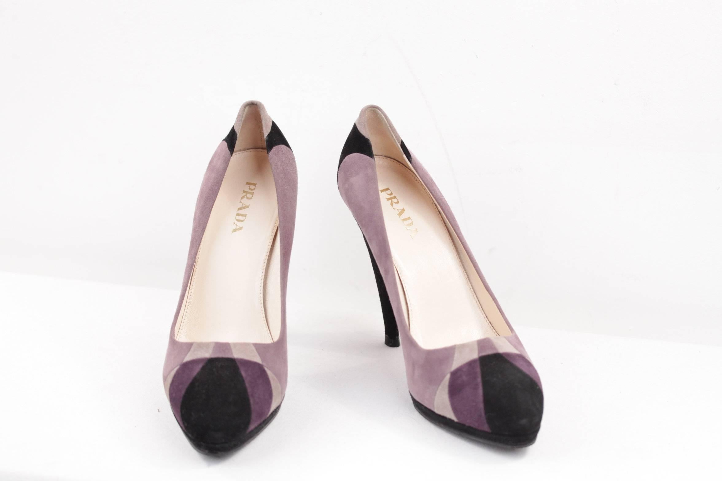 Women's PRADA Italian Purple Gray Black TRICOLOR Suede HEELS Shoes PUMPS SZ 39 IT