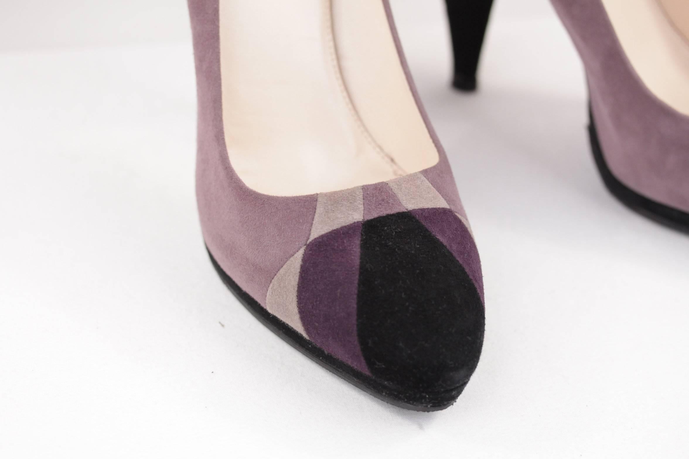 PRADA Italian Purple Gray Black TRICOLOR Suede HEELS Shoes PUMPS SZ 39 IT 1