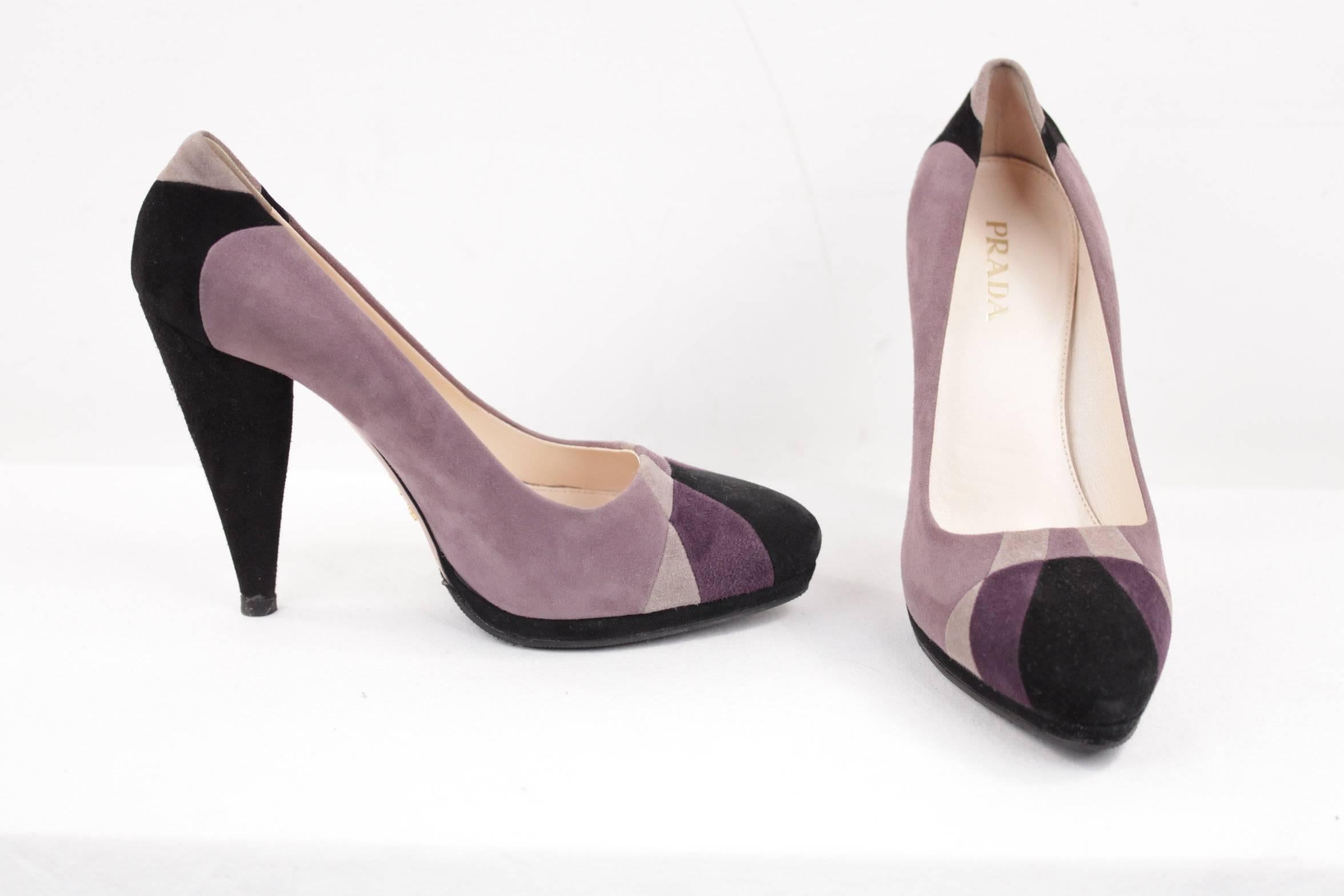 PRADA Italian Purple Gray Black TRICOLOR Suede HEELS Shoes PUMPS SZ 39 IT 4