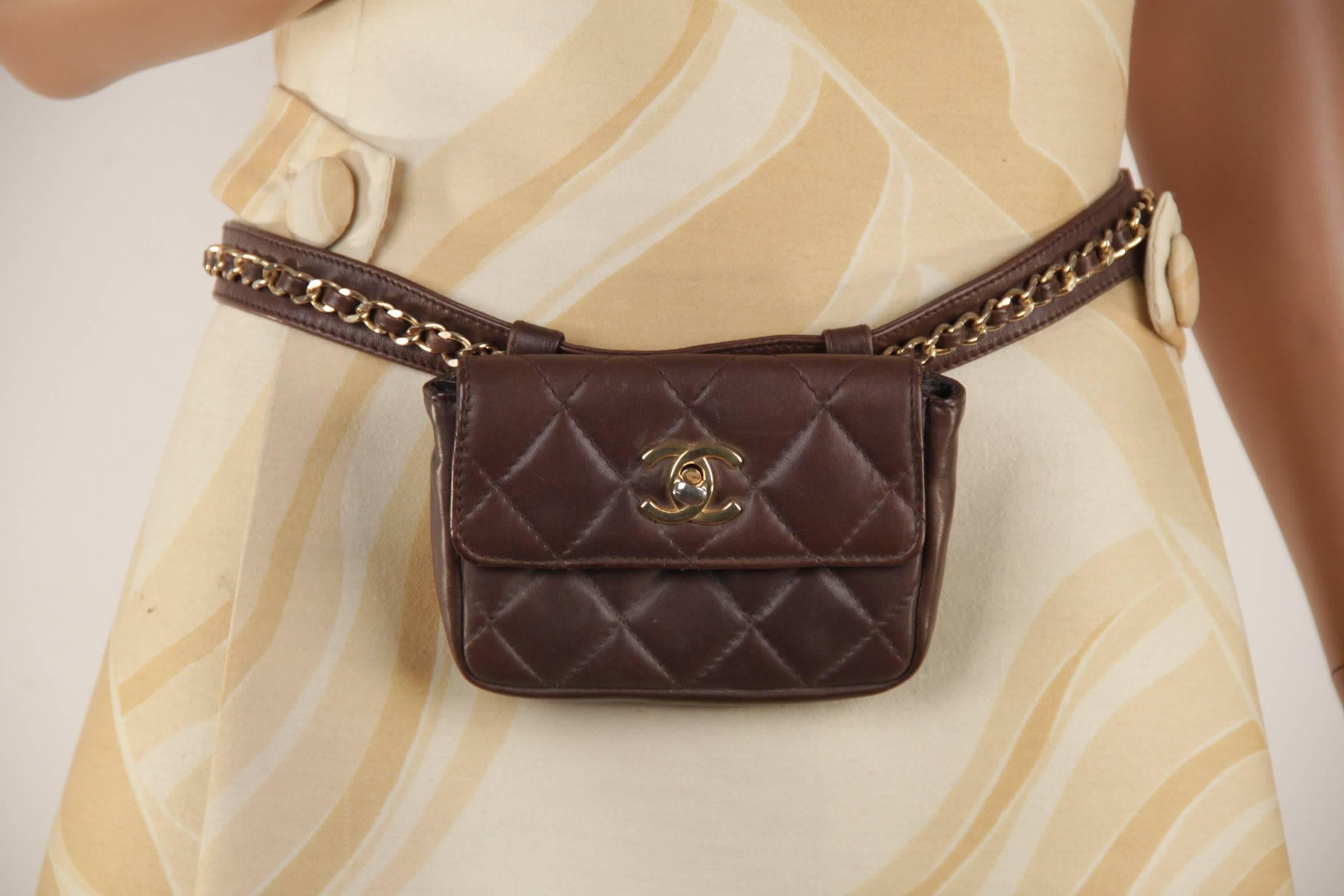 - Vintage CHANEL waist purse with chain belt

- Crafted in genuine quilted leather

- Brown color

- Leather belt with gold metal chian detailing

- Belt is removable from this bag and you can wear the belt itself.

- The removable belt is