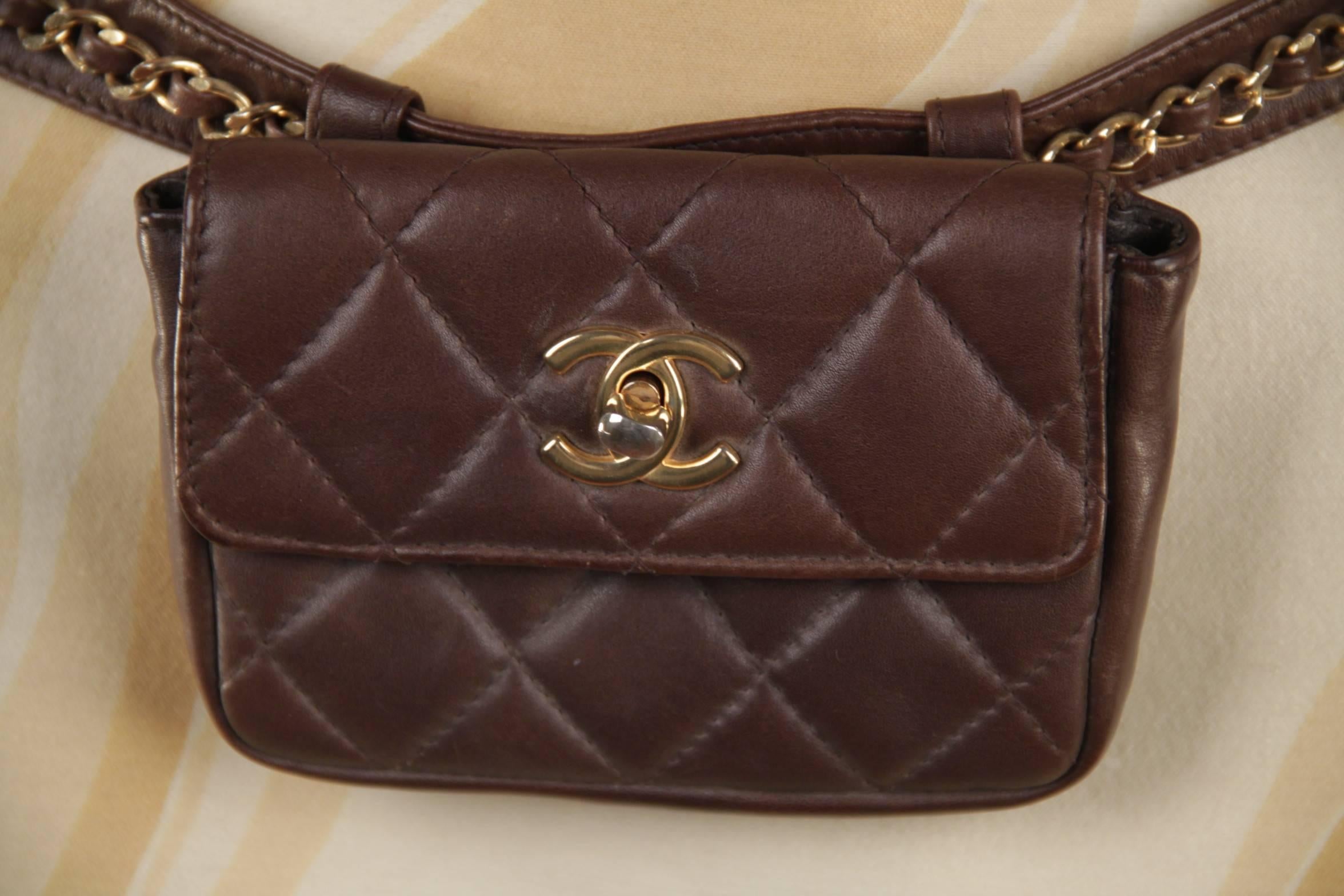 Women's  CHANEL Vintage Brown QUILTED Leather WAIST PURSE with Golden CHAIN BELT