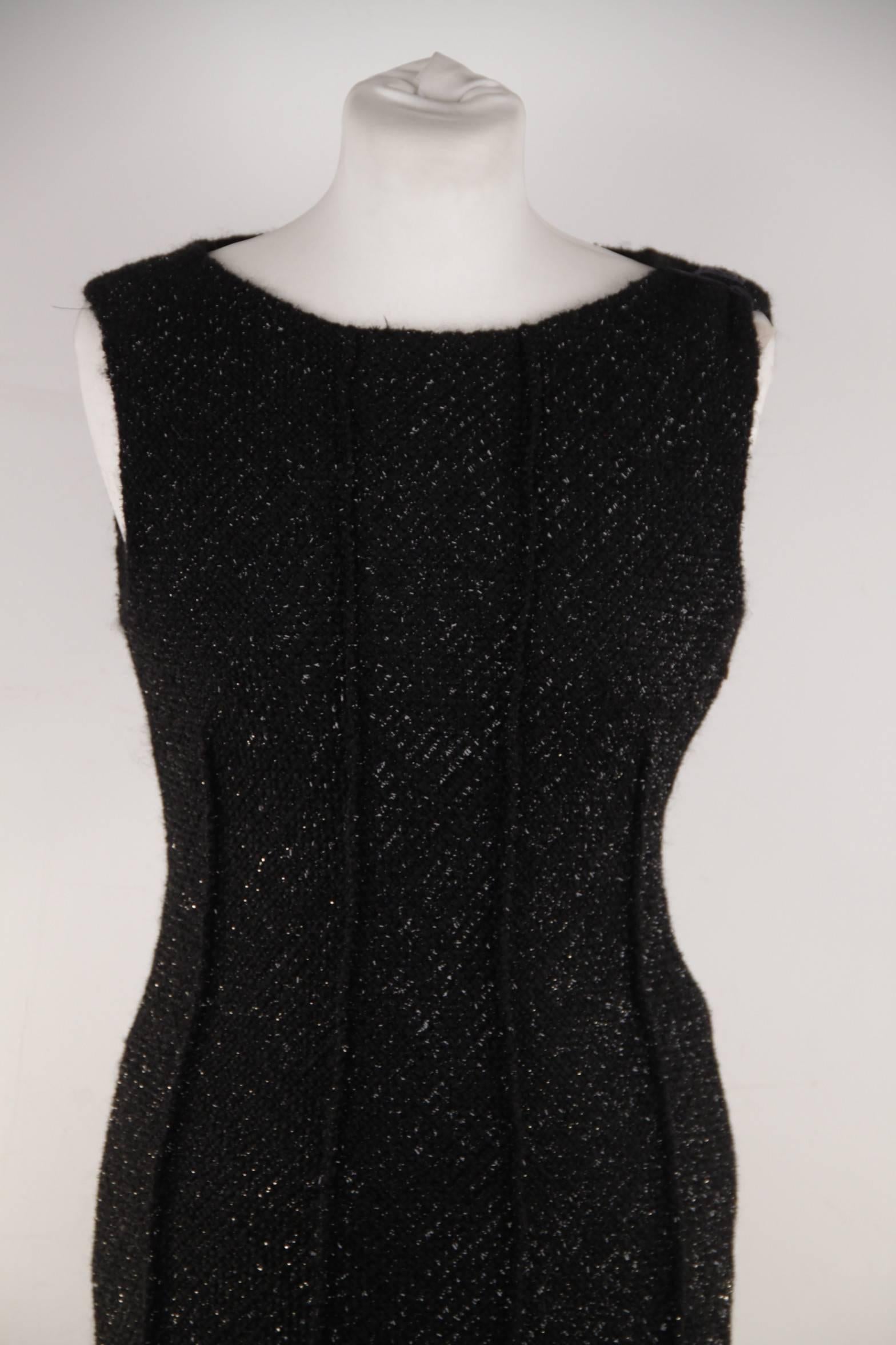Black ALBERTA FERRETTI Italian Boucle Tweed LITTLE BLACK DRESS Sleeveless Sz 44 IT