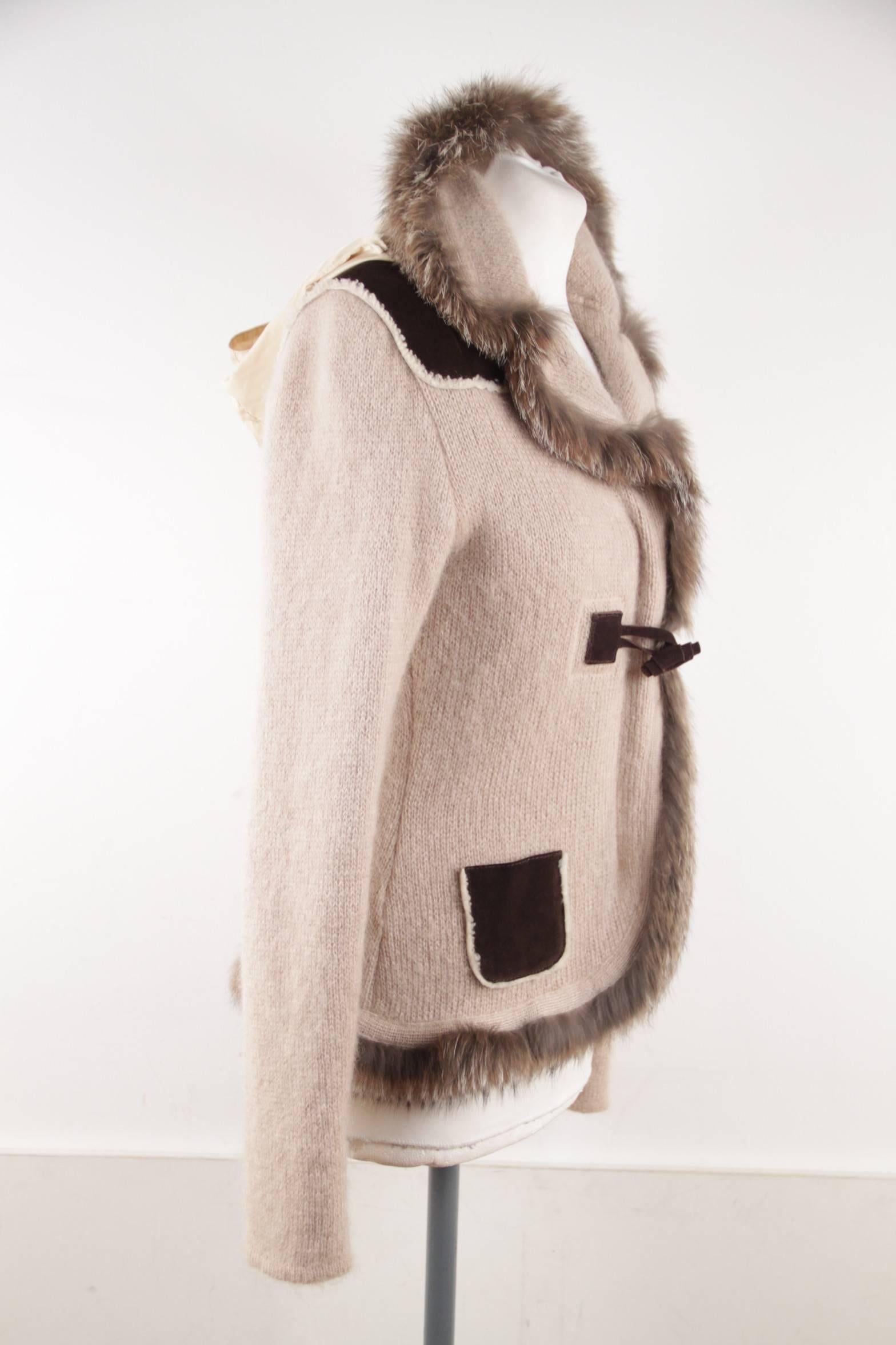 PRADA Italian Beige Wool Blend KNIT CARDIGAN Sweater w/ FOX FUR TRIM Size 42 IT  1