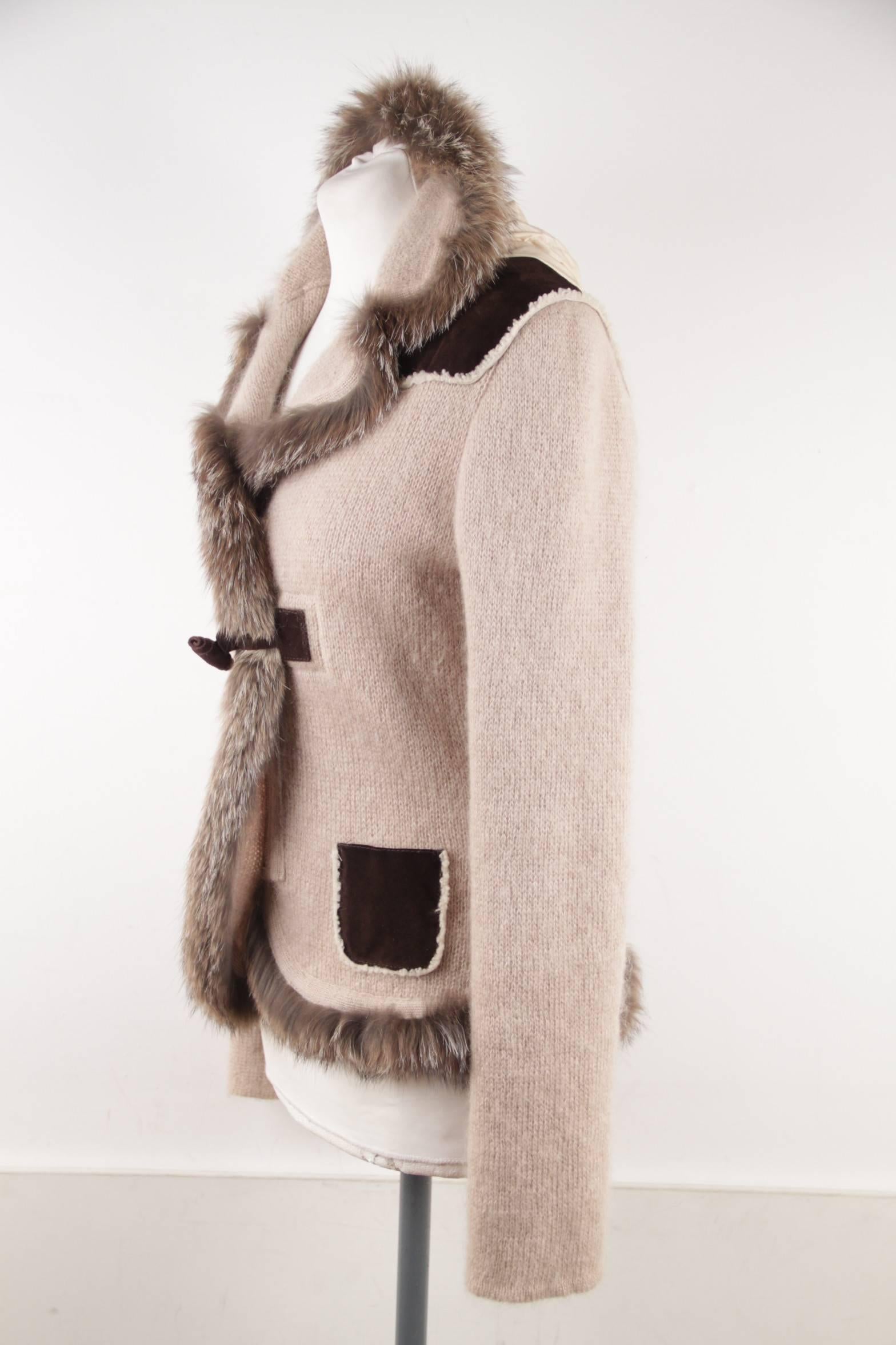 PRADA Italian Beige Wool Blend KNIT CARDIGAN Sweater w/ FOX FUR TRIM Size 42 IT  2