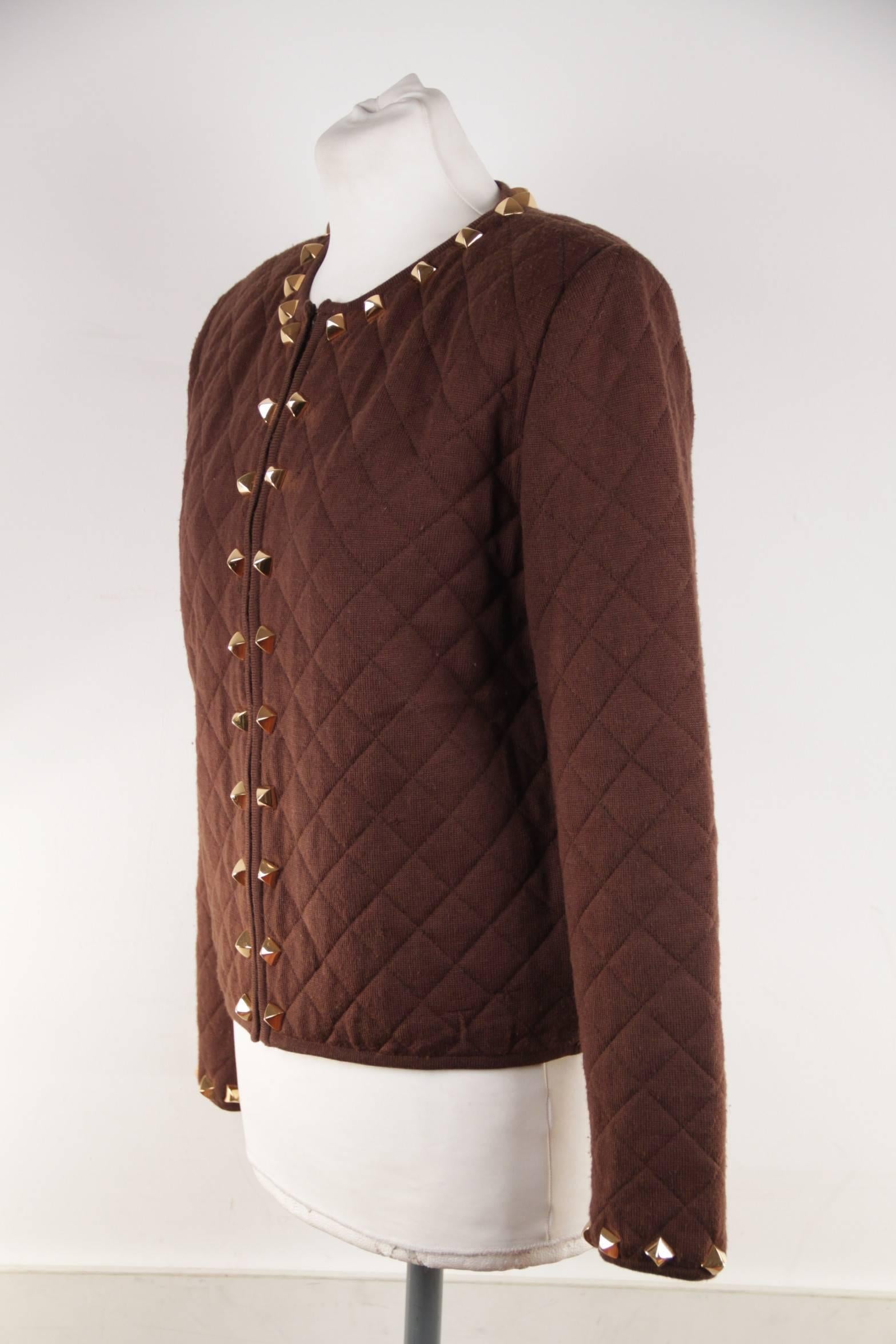 Women's HERMES PARIS Vintage Brown QUILTED New Wool Collarless JACKET w/ SPIKES Sz 40