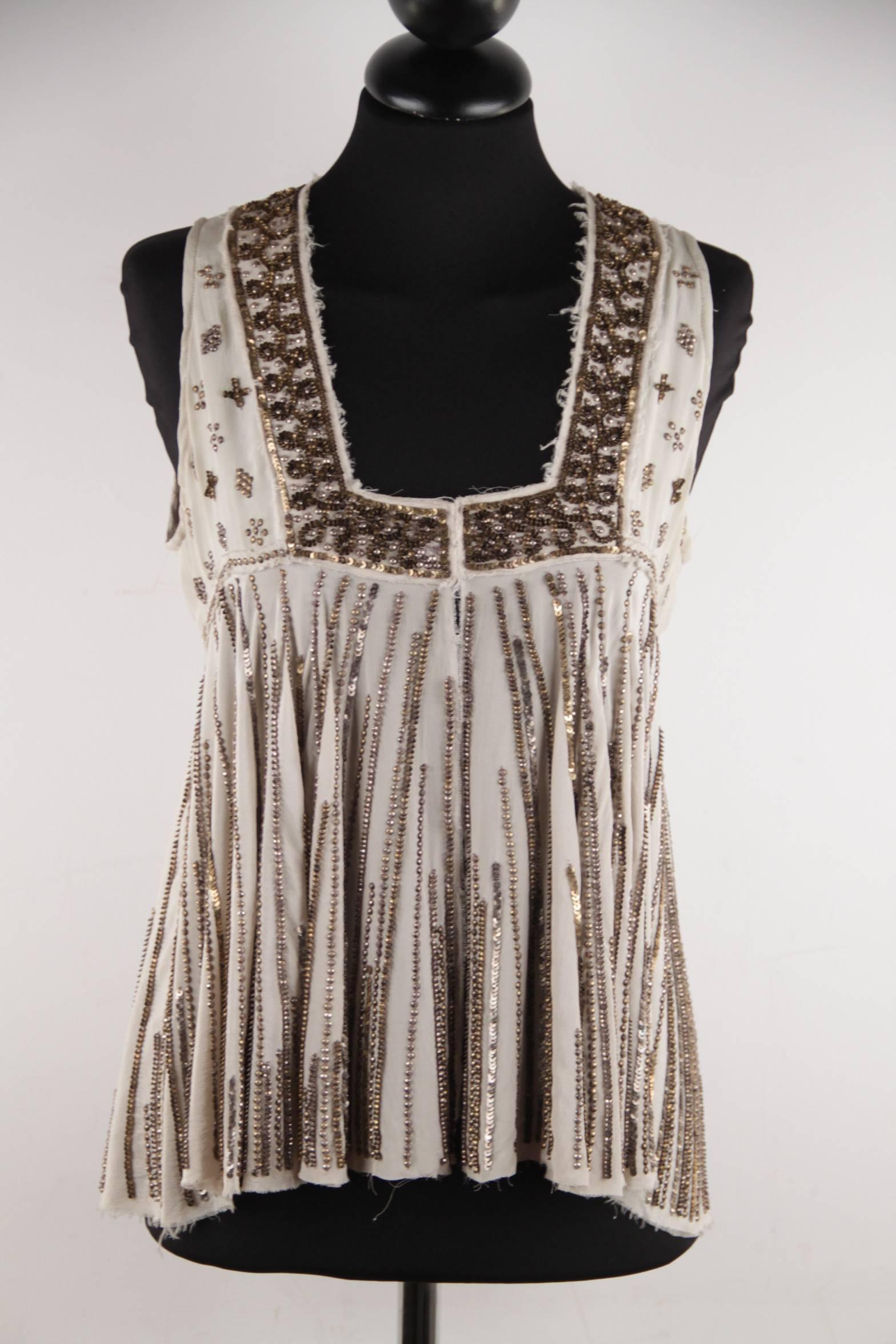 Brown Easton Pearson Beige Silk Embellished Sequin Sleeveless Blouse Top  