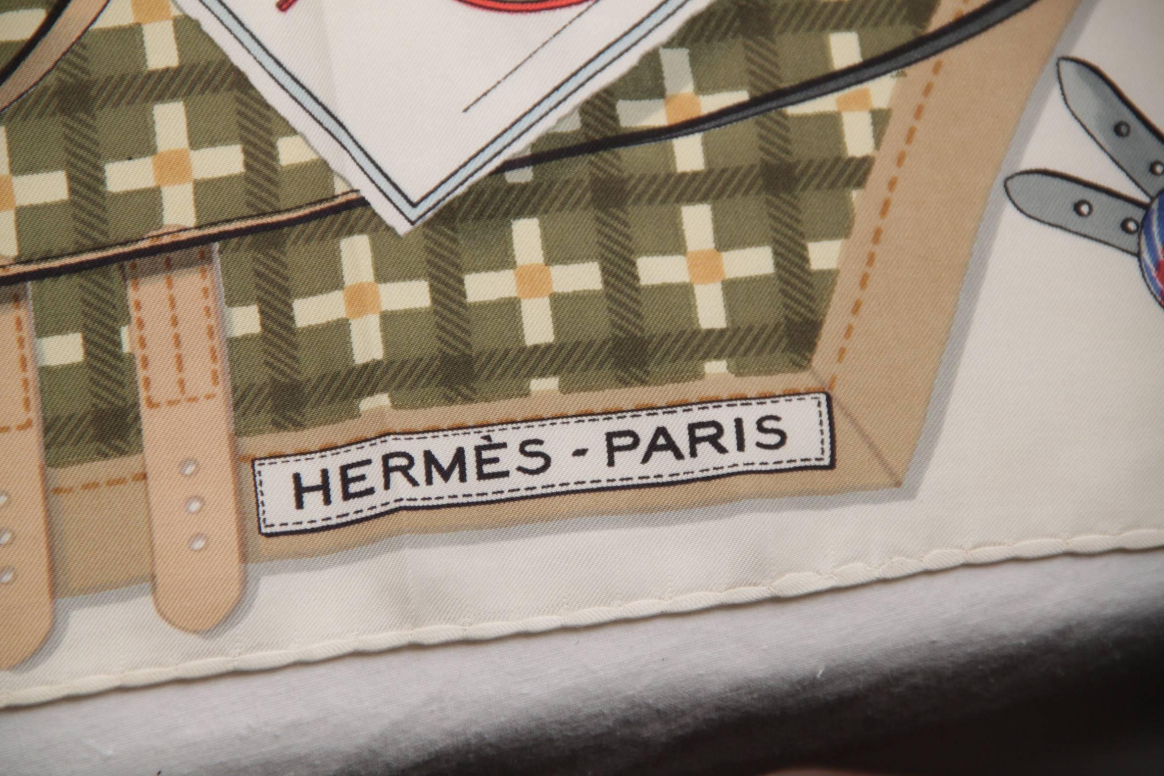Beige HERMES PARIS Vintage Silk Scarf LES VOITURES NOUVELLES by Jacques Eudel 1961