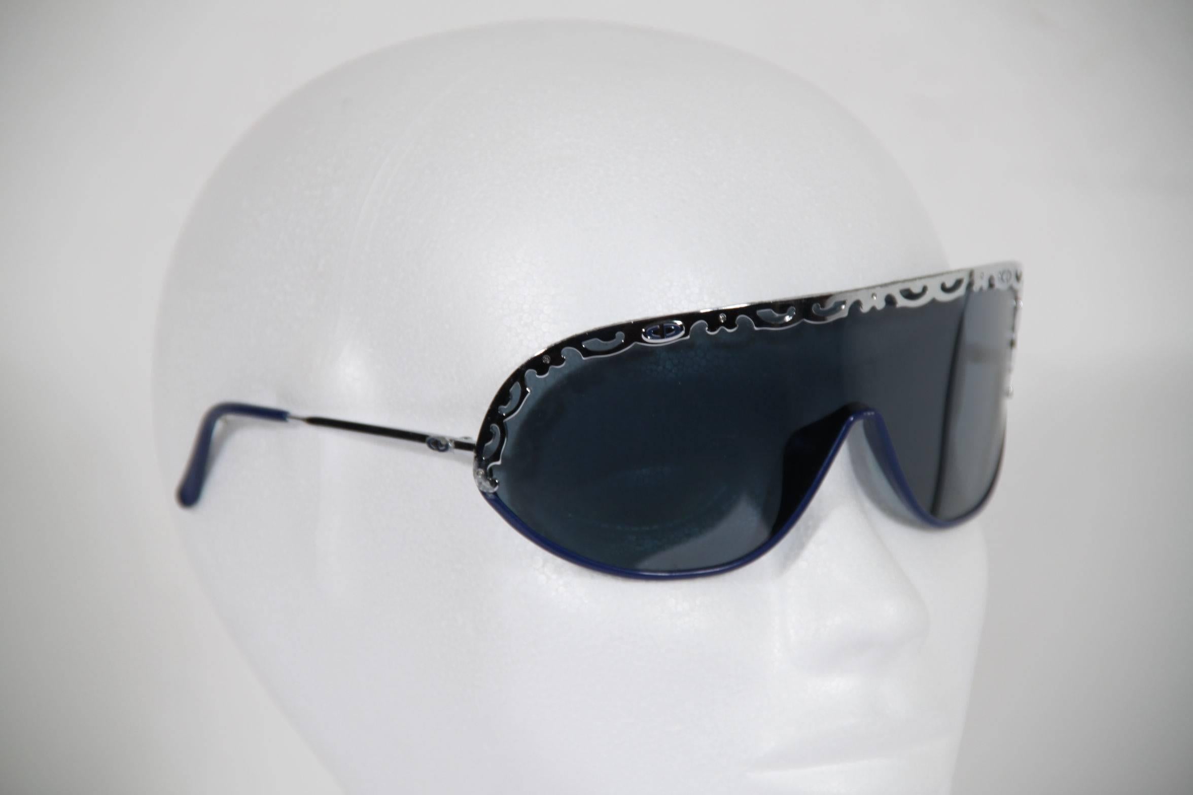 CHRISTIAN DIOR Vintage Shield SUNGLASSES 2501 Blue & Silver Metal eyewear w/CASE 4