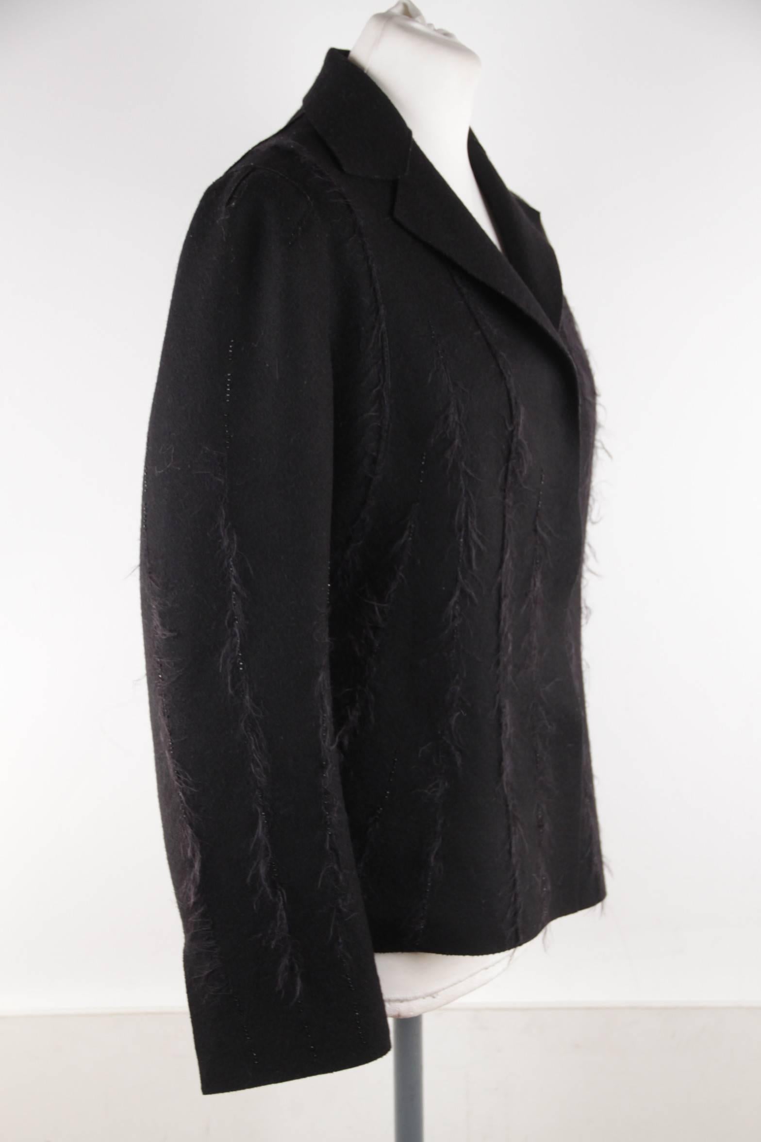 ALBERTA FERRETTI Black Wool Blend BLAZER Jacket w/ Frayed Trims SZ 42 IT 1