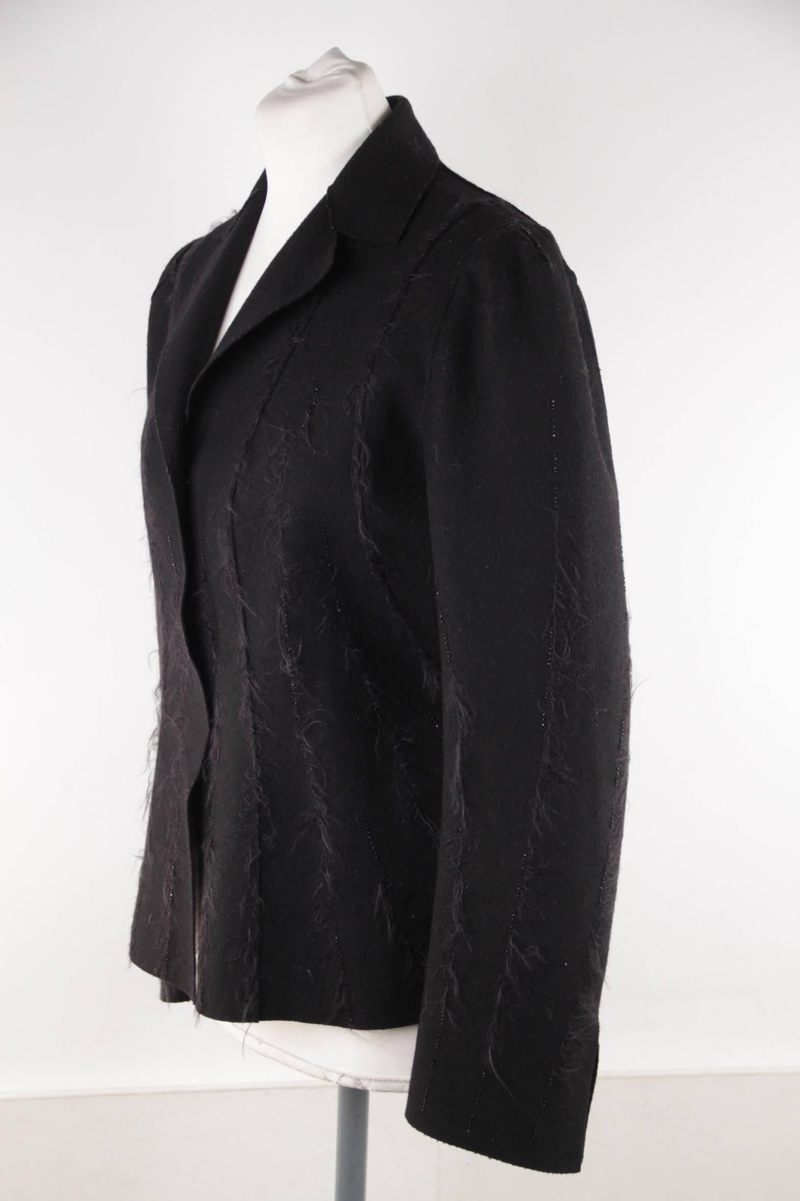 ALBERTA FERRETTI Black Wool Blend BLAZER Jacket w/ Frayed Trims SZ 42 IT In Good Condition In Rome, Rome