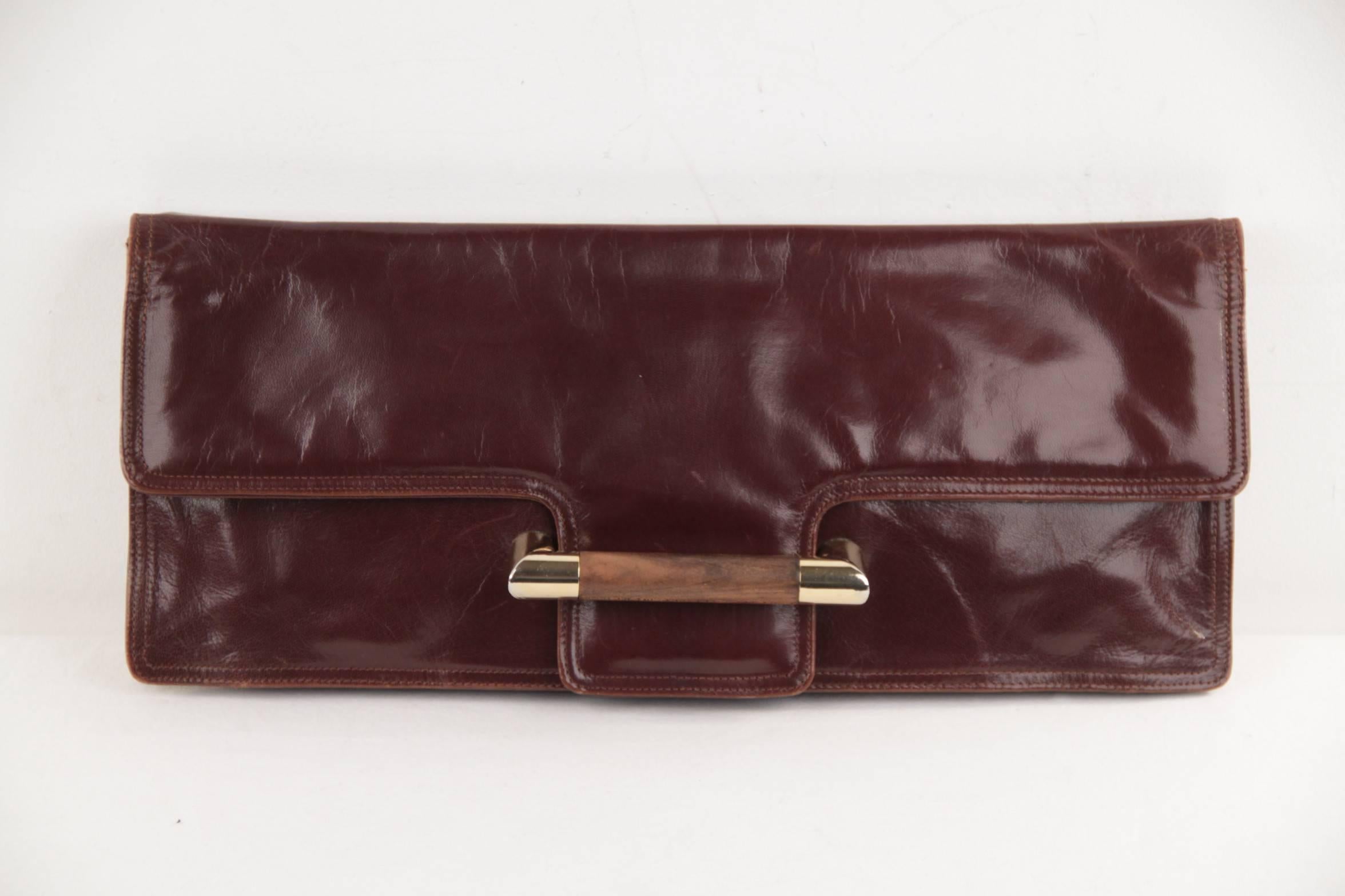 BOTTEGA VENETA Vintage Brown Leather OVERSIZED CLUTCH Handbag w/ WOOD Detail 3