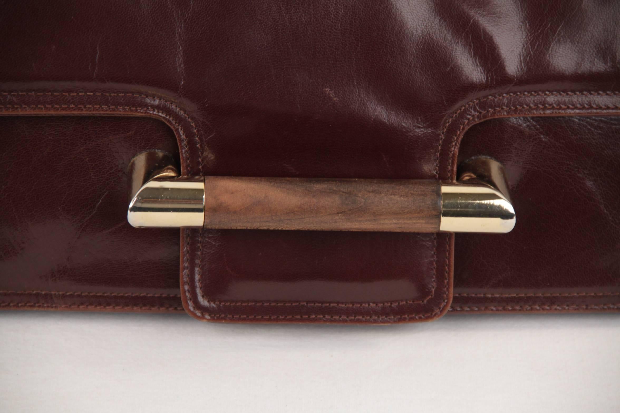 Black BOTTEGA VENETA Vintage Brown Leather OVERSIZED CLUTCH Handbag w/ WOOD Detail