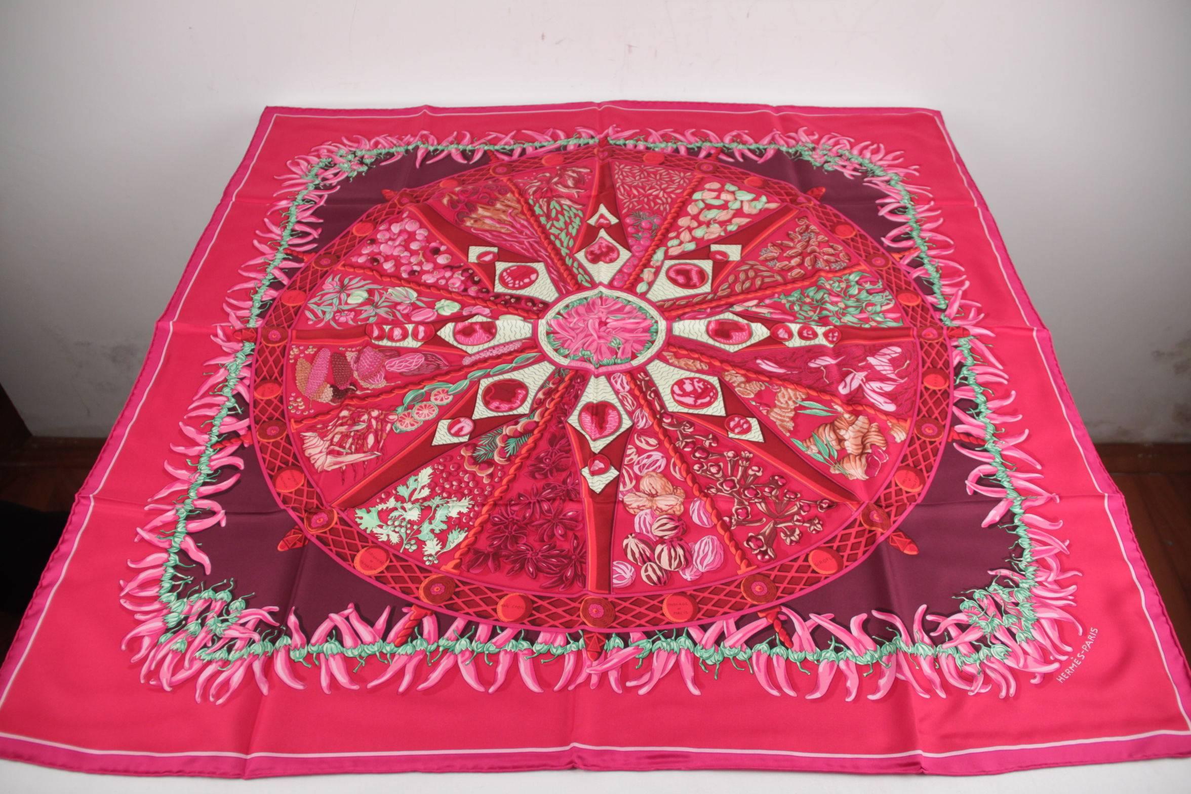 HERMES PARIS Pink AUX PAYS DES EPICES Silk SCARF by Anne Faivre w/ BOX  In New Condition In Rome, Rome