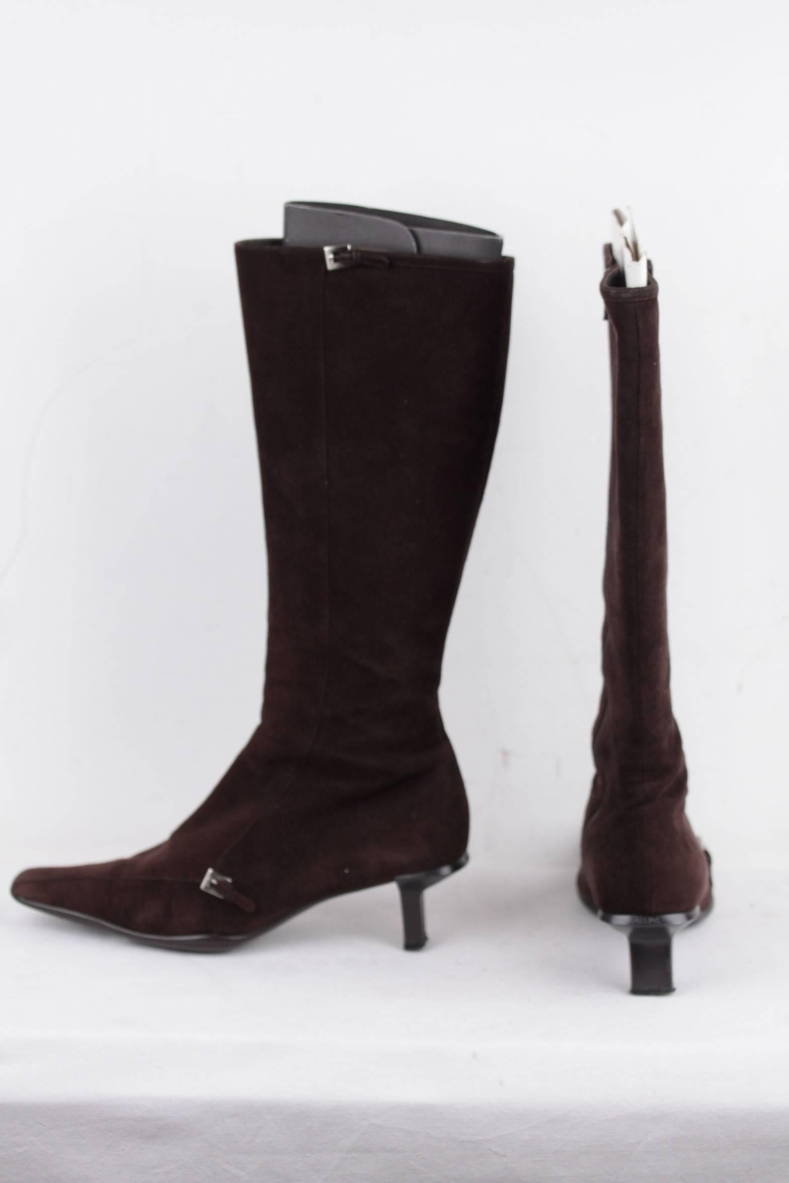 Black PRADA Italian Brown Suede KNEE HIGH Heeled LOW HEELS BOOTS Shoes