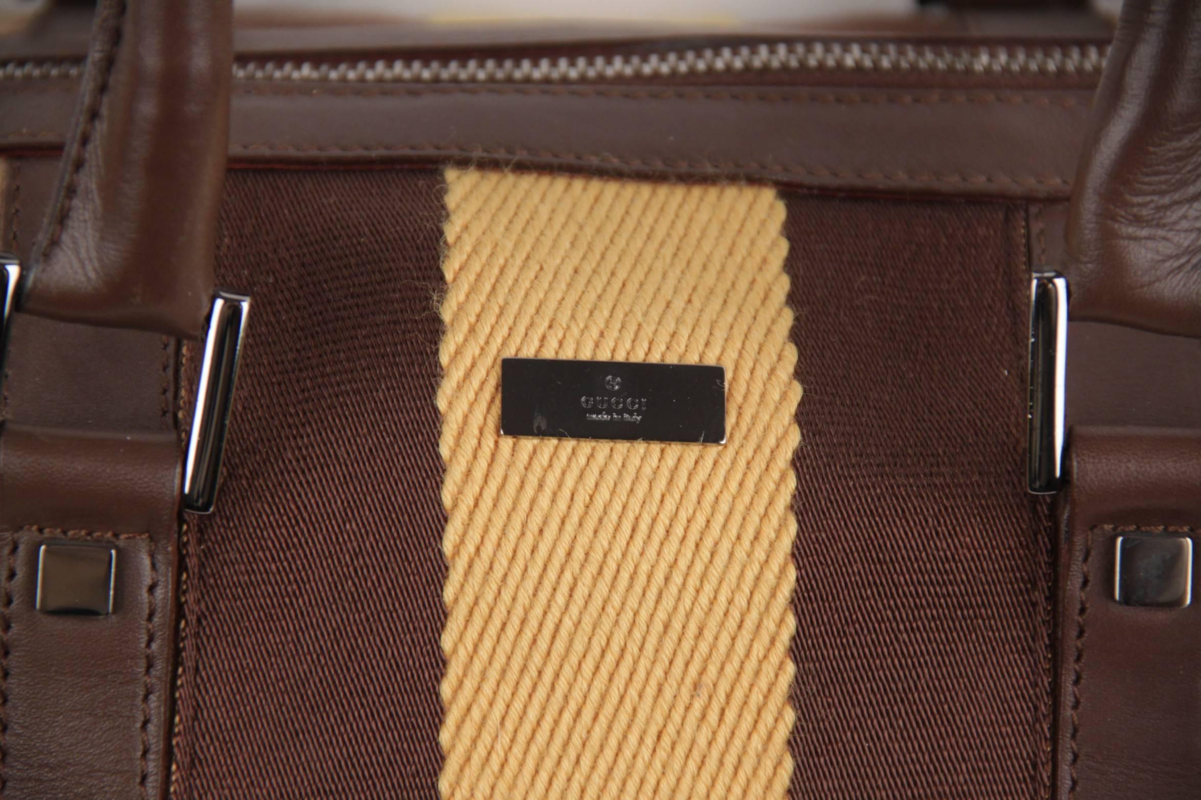 Gucci Italian Tan Canvas Boston Bag Handbag Tote with Brown and Yellow Stripes In Good Condition In Rome, Rome