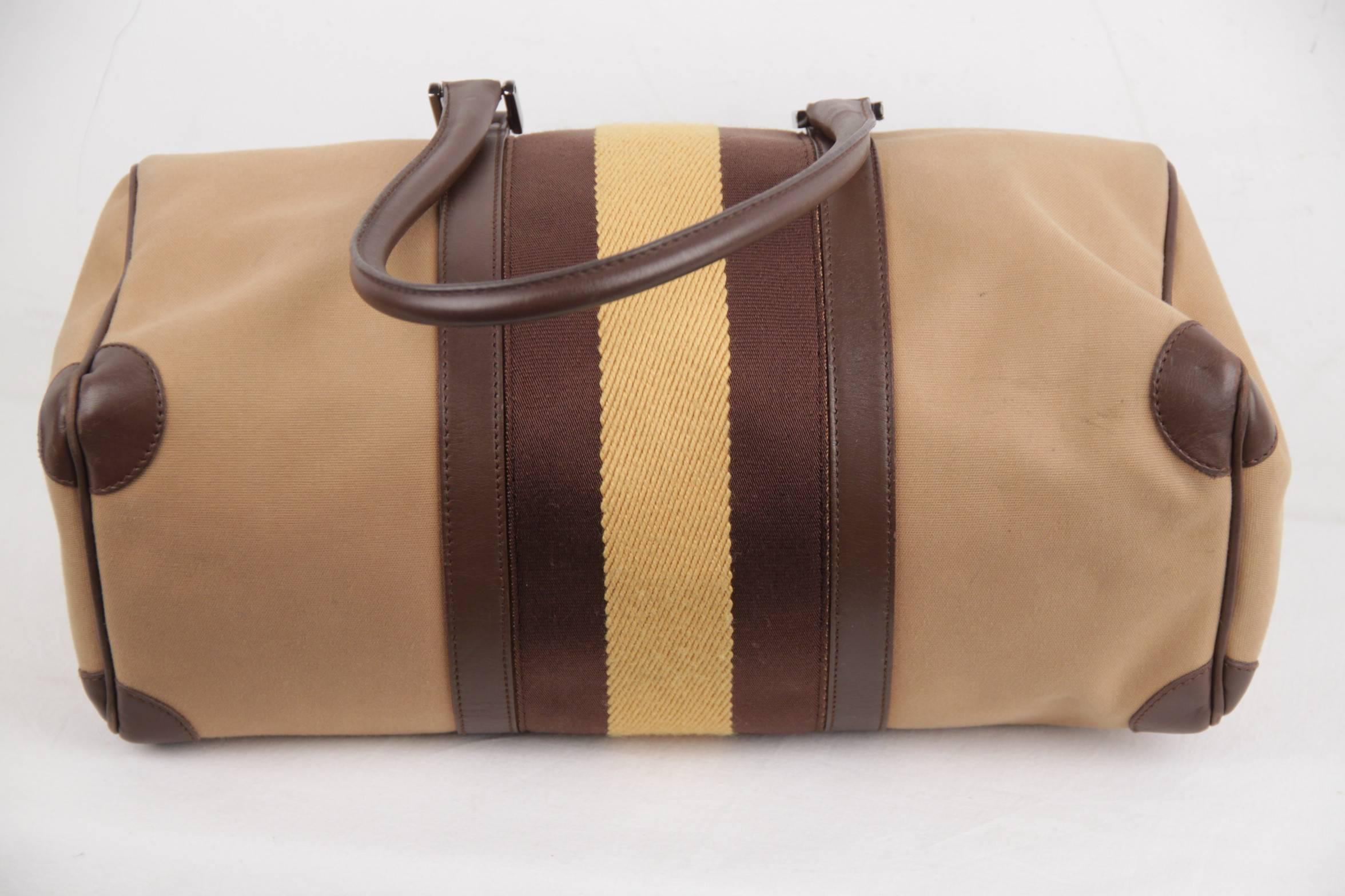 Gucci Italian Tan Canvas Boston Bag Handbag Tote with Brown and Yellow Stripes 2
