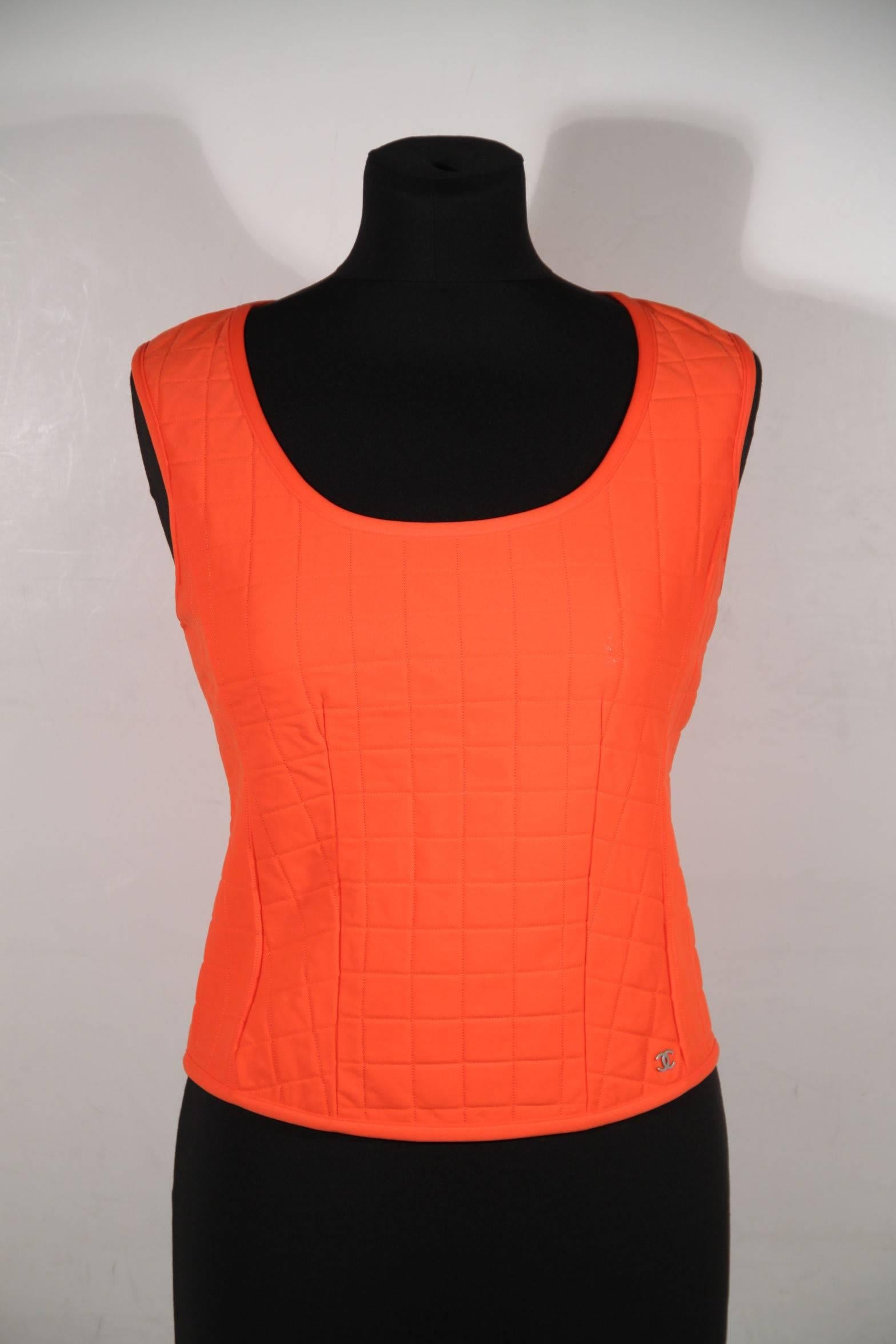 Red CHANEL Fluo Orange Quilted SLEEVELESS TOP Tank Sz 40 AS