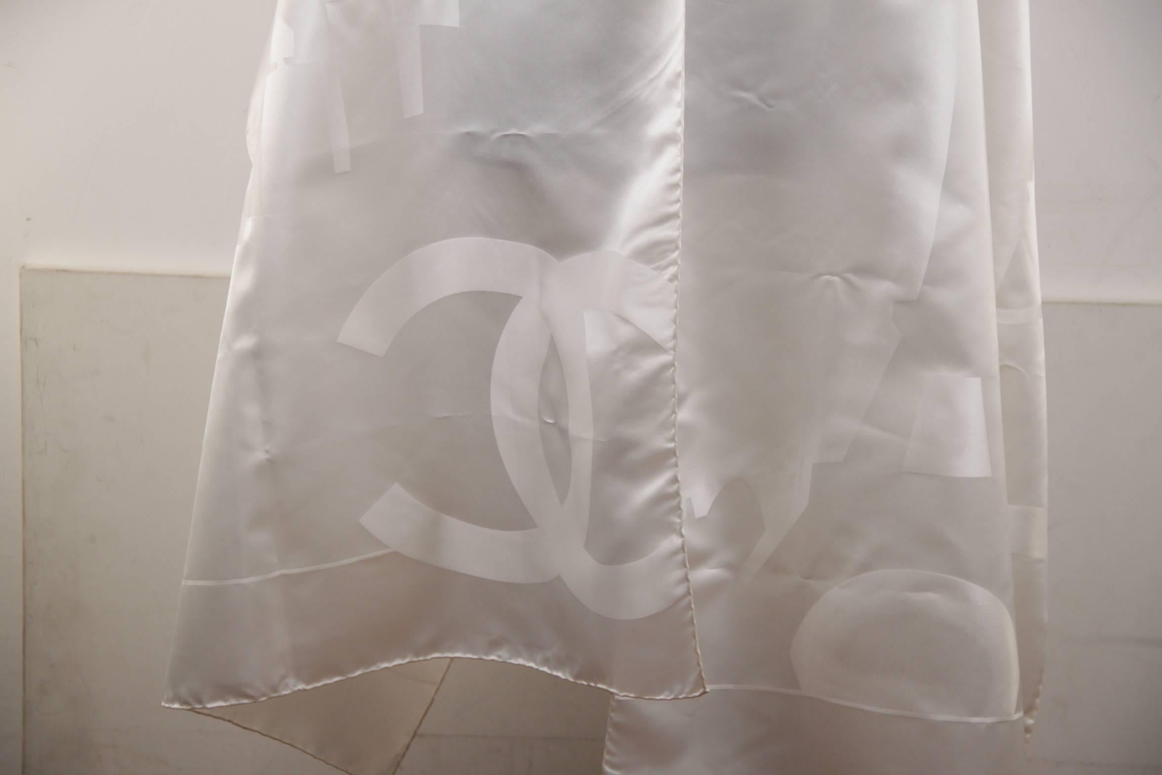 Gray CHANEL Italian White Jacquard Silk SKYLINE SCARF Shawl STOLE CC Logo w/ BOX 