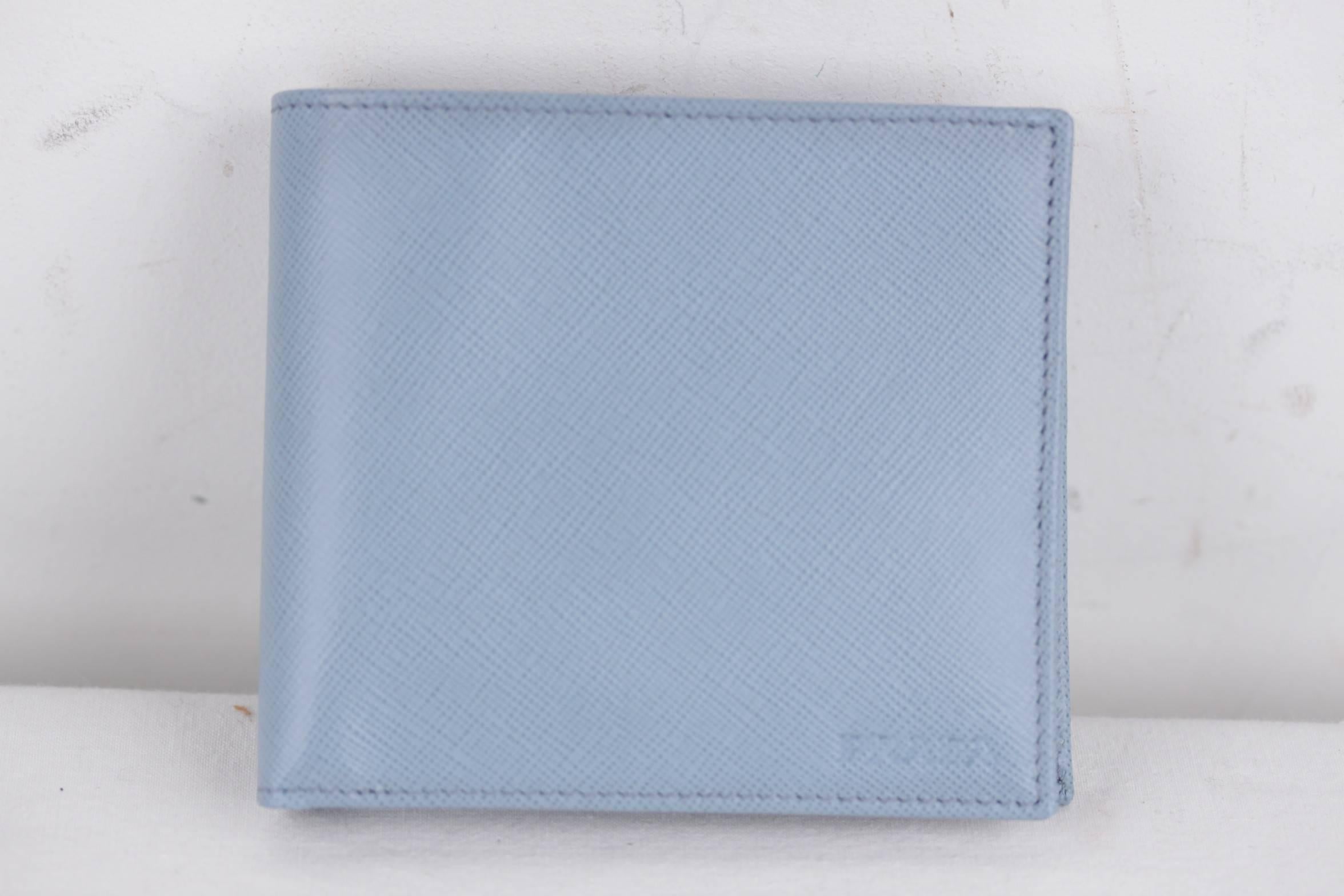 Blue PRADA Italian Azure SAFFIANO BICOLOR Leather BIFOLD WALLET 2M0738 w/ BOX 