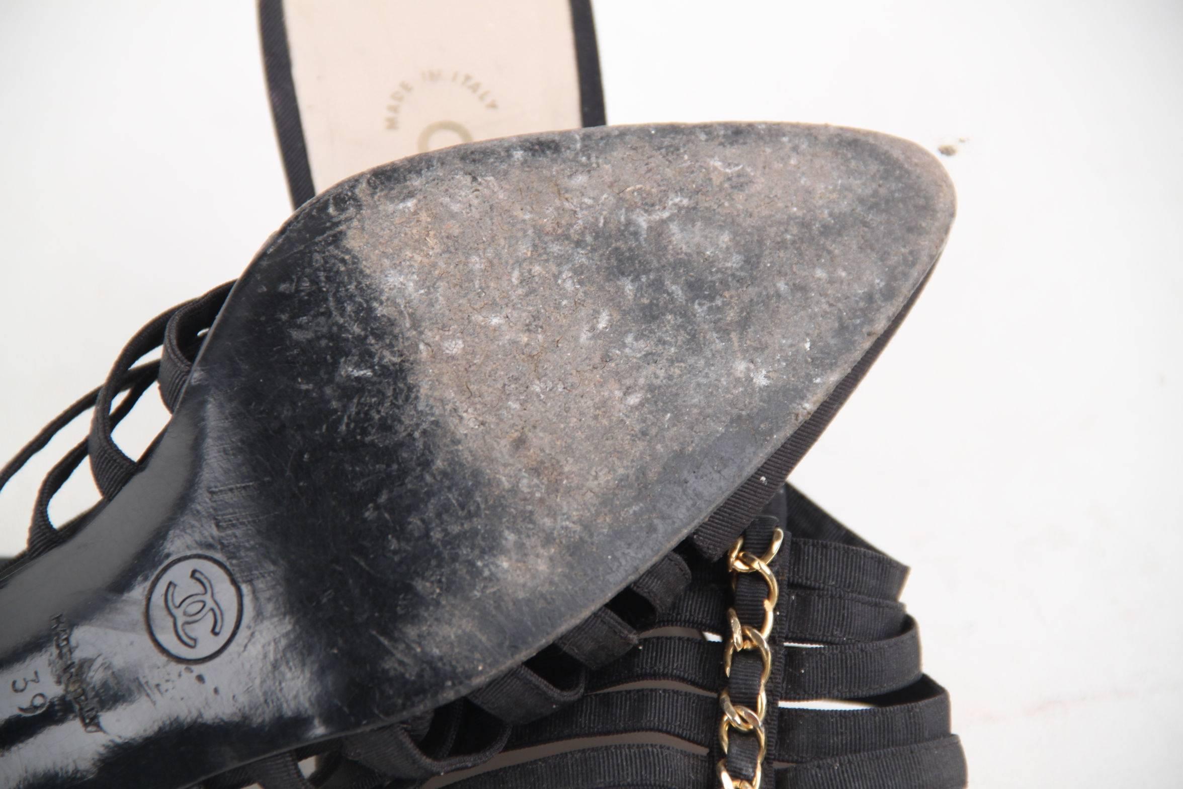 CHANEL Vintage Black Fabric SLINGBACK PUMPS Heels SHOES w/ CHAIN sz 39 1