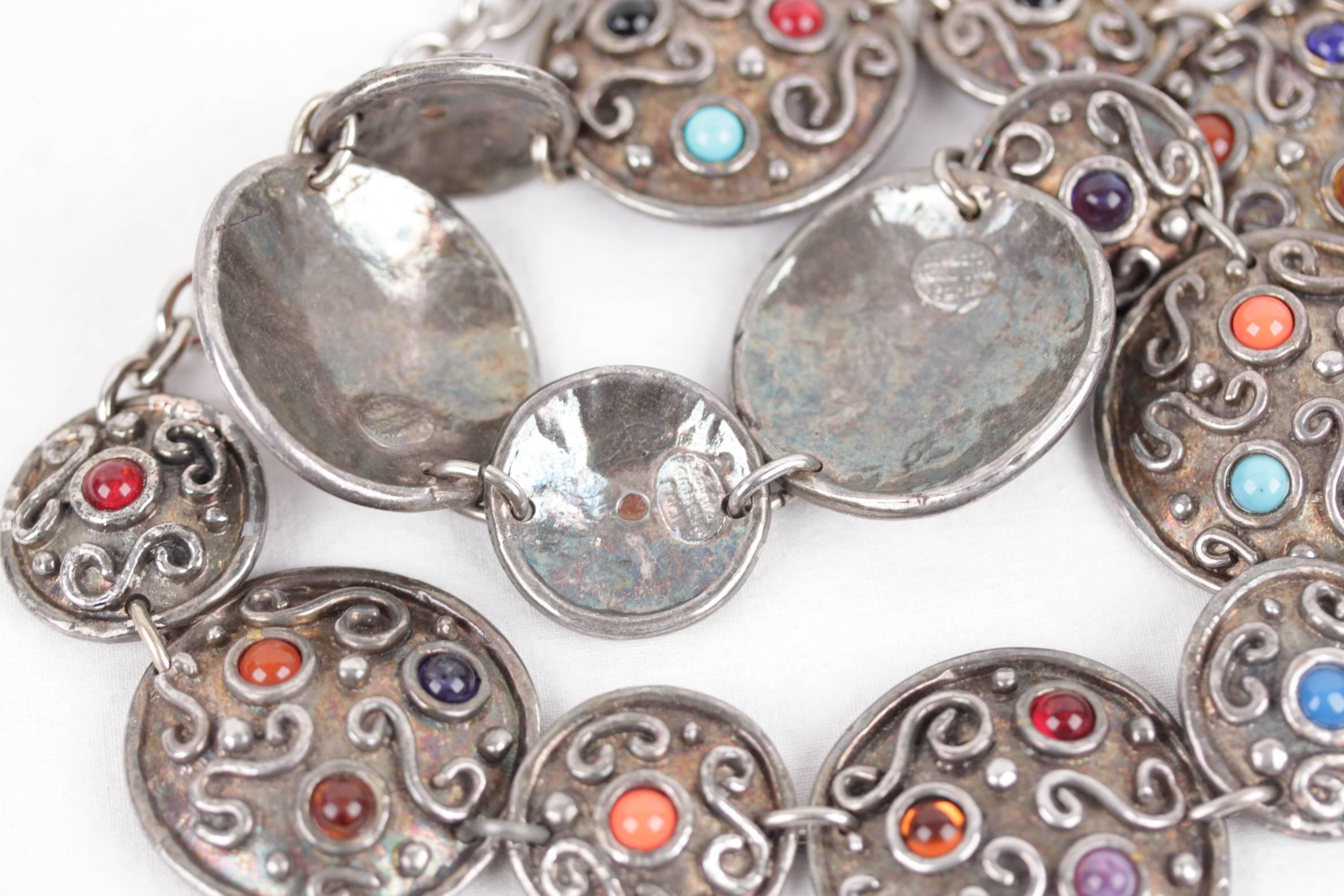 EDOUARD RAMBAUD Vintage 1980s Silver Metal Disk BELT w/ Glass Cabochons 1