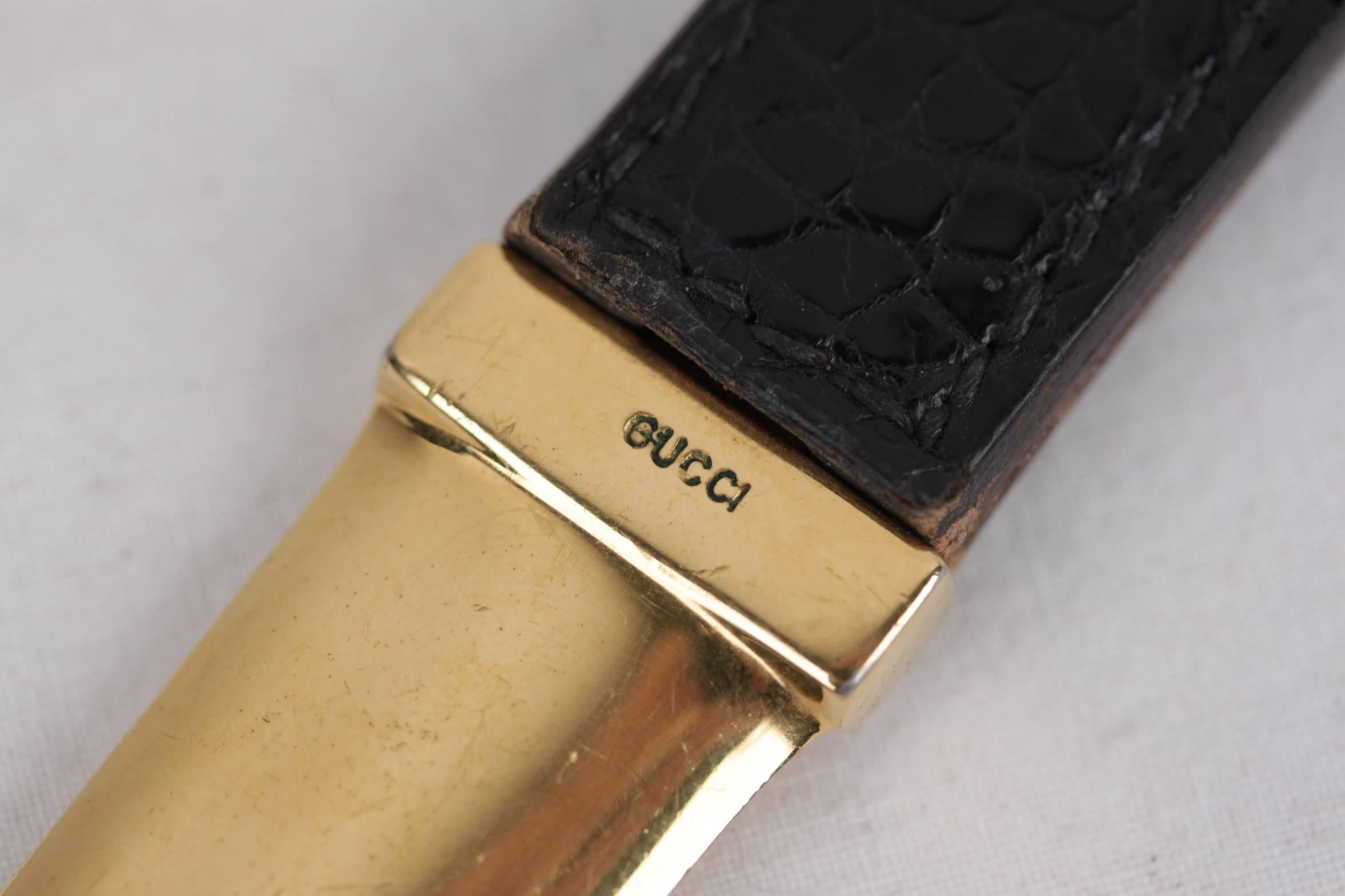 GUCCI VINTAGE Gold metal 2in1 LETTER OPENER & MAGNIFYING GLASS Crocodile 1