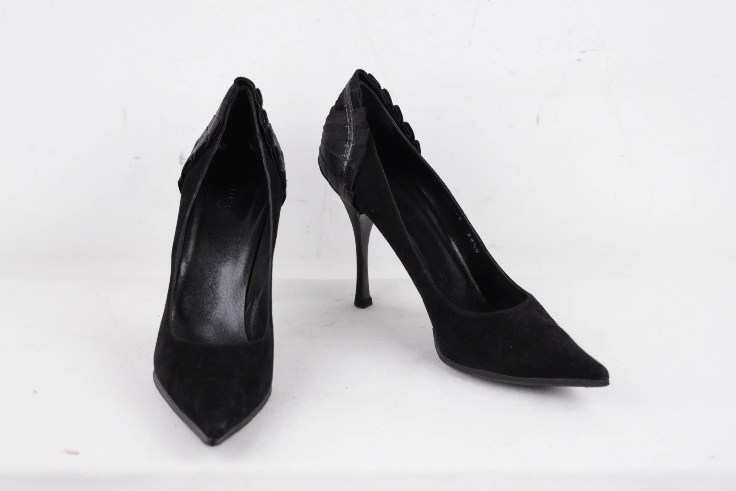 Women's GUCCI Black Suede CLASSIC PUMPS Heels SHOES w/ PLEATED SATIN Back Sz 38 1/2