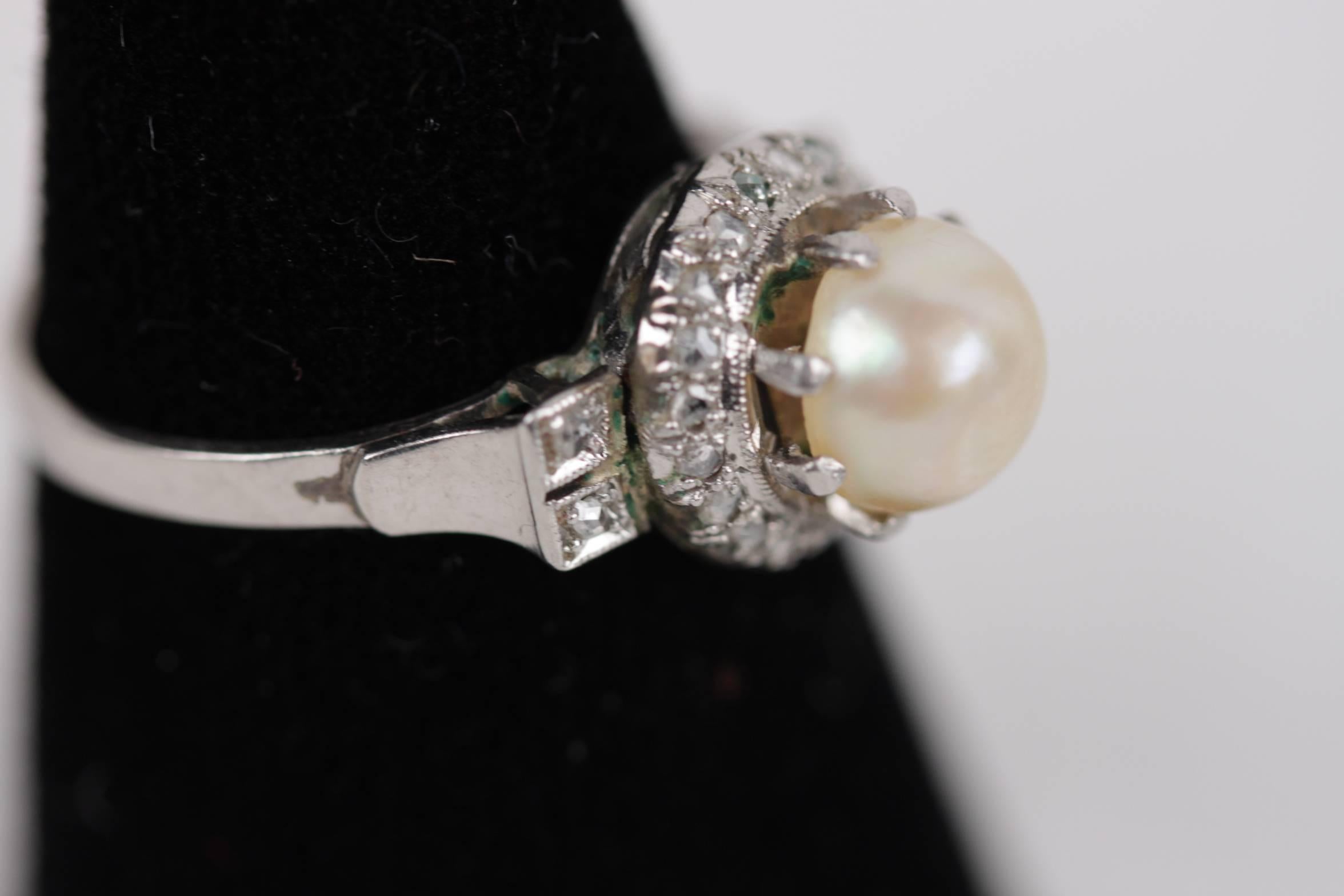 Women's Vintage Italian Platinum Ring with Natural Pearl and Small Diamonds