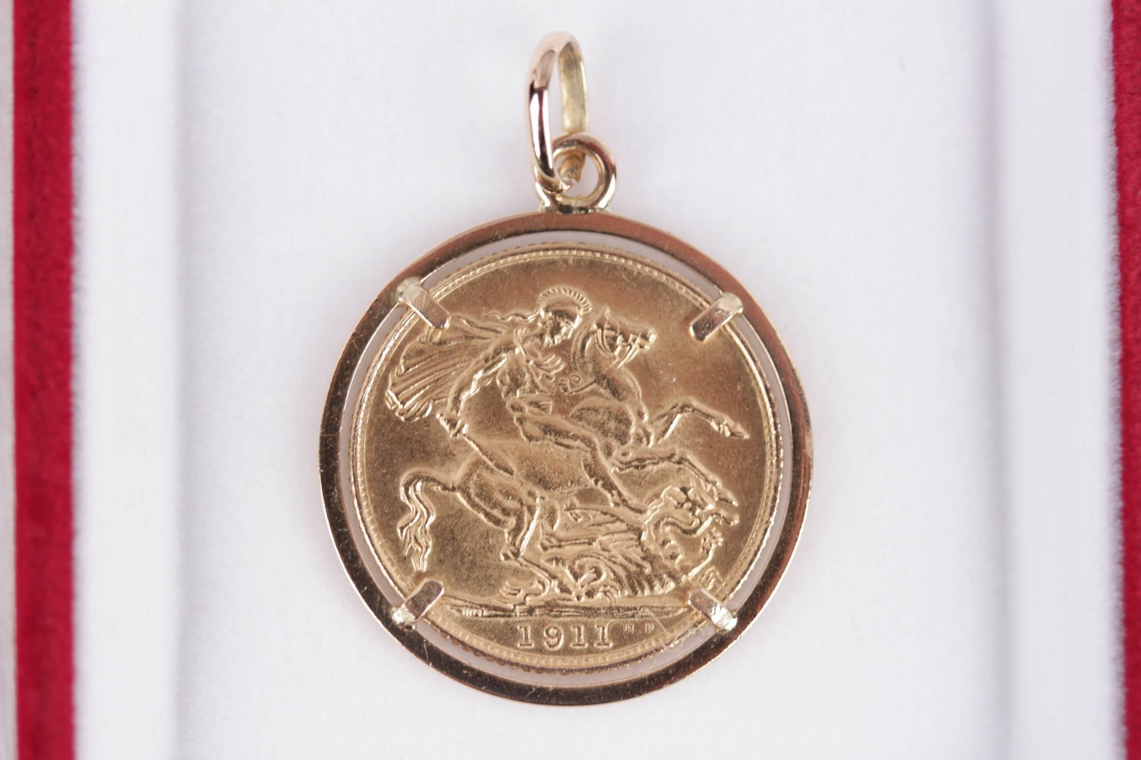  - This beautiful 22K gold sovereign coin medallion/pendant features King George V profile
- The head of the king is inscribed with 'GEORGIVS V D.G.BRITT OMN REX F.D.IND IMP' on the front of the coin
- This solid gold coin is dated 1911 and