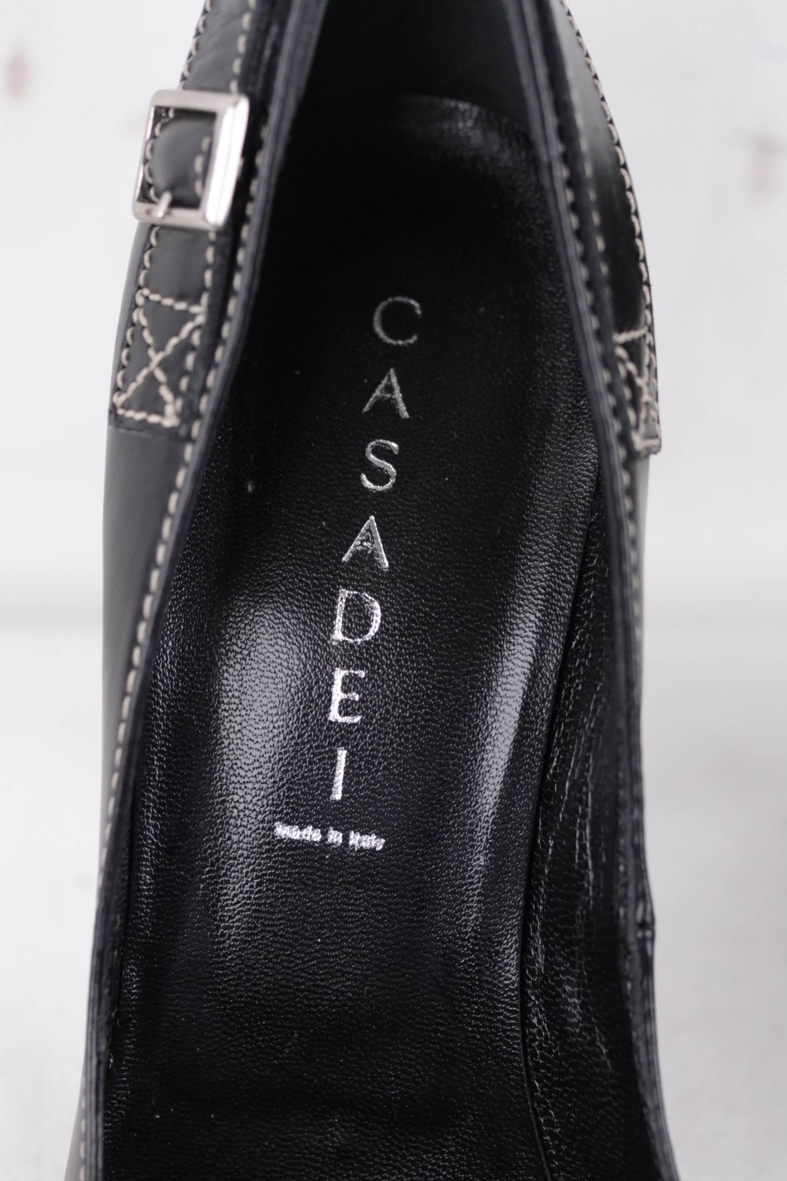 Women's CASADEI Italian Black Leather CLASSIC PUMPS Heels SHOES w/ Zip & Buckles 39