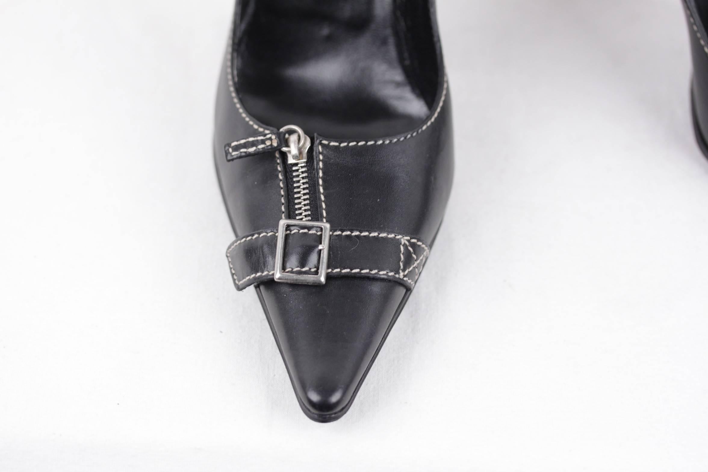 CASADEI Italian Black Leather CLASSIC PUMPS Heels SHOES w/ Zip & Buckles 39 In Excellent Condition In Rome, Rome
