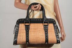 FENDI Italian STRAW & Black Leather STUDDED LARGE TOTE Handbag SATCHEL