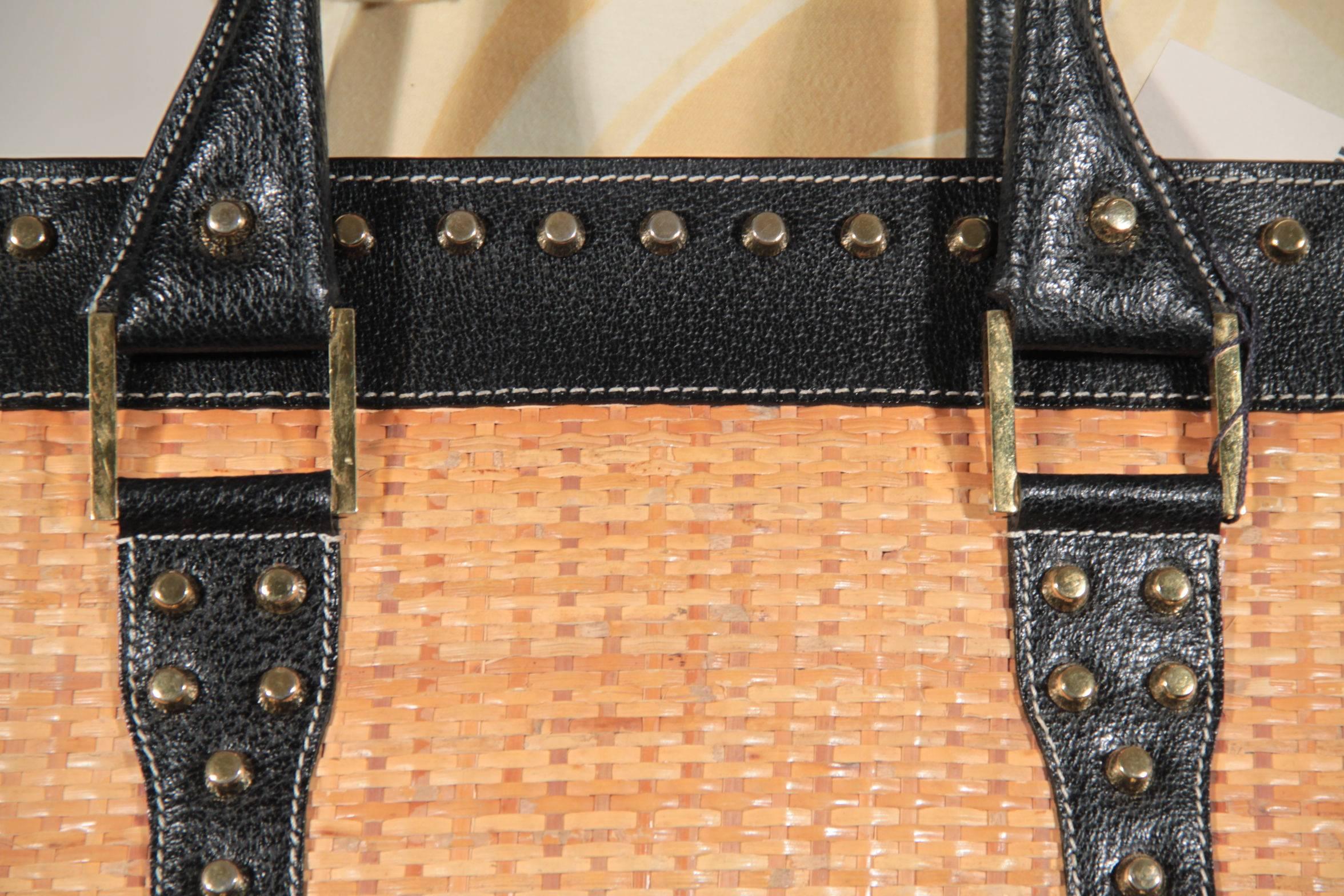 Brown FENDI Italian STRAW & Black Leather STUDDED LARGE TOTE Handbag SATCHEL