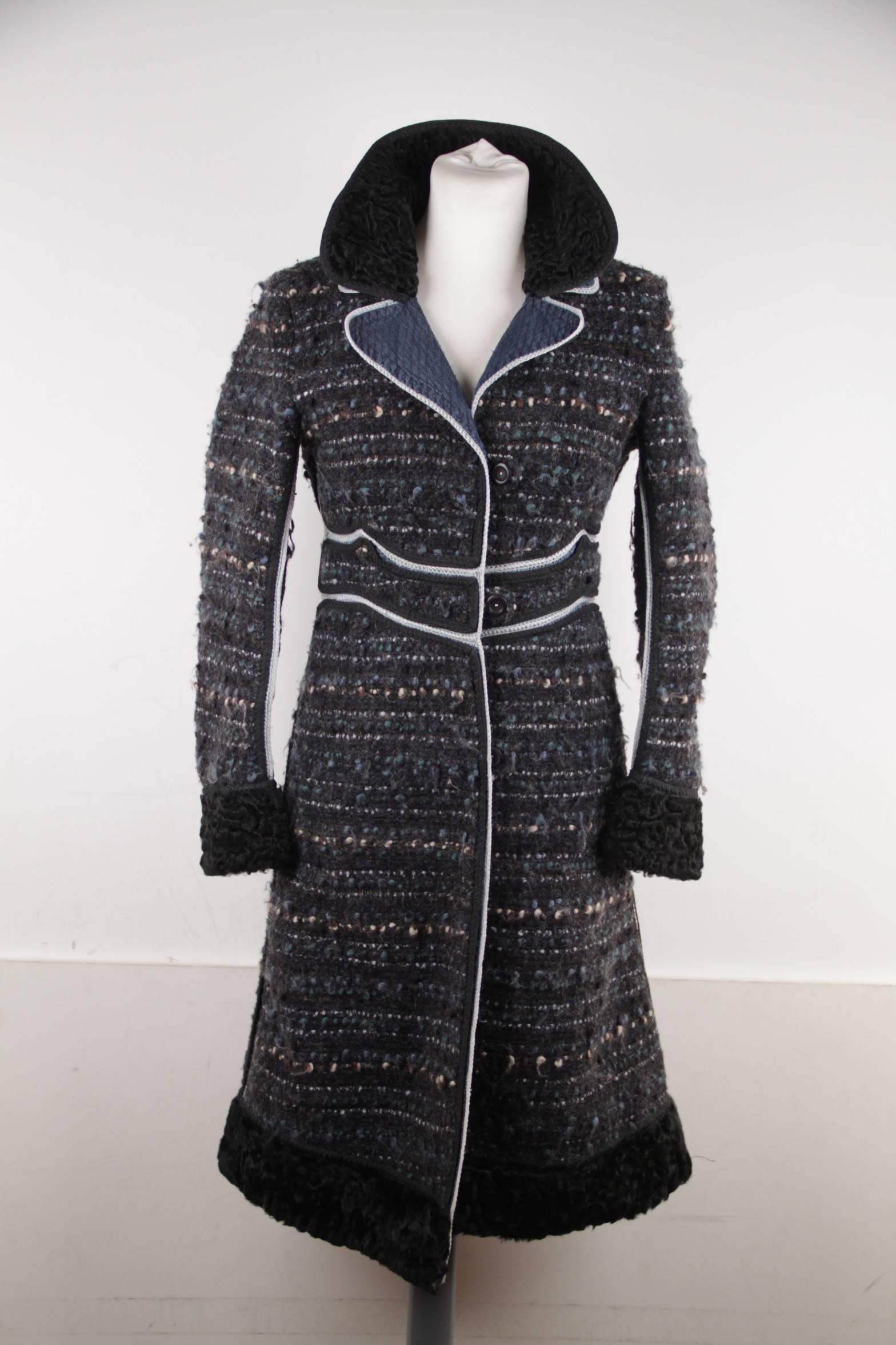 

- Bouclé fabric

- Panelled design

- Real Astrakan fur on collar, cuffs and hem

- Long sleeve styling

- Button closure on the front

- Cotton lining

- 2 side pockets on the hips
- Size: 40 IT

(The size shown for this item is