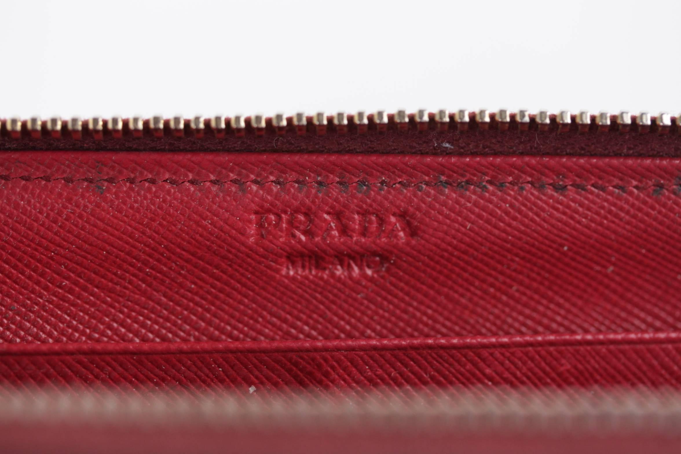 Brown Prada Italian Red Saffiano Leather Continental Zip Wallet Coin Purse 