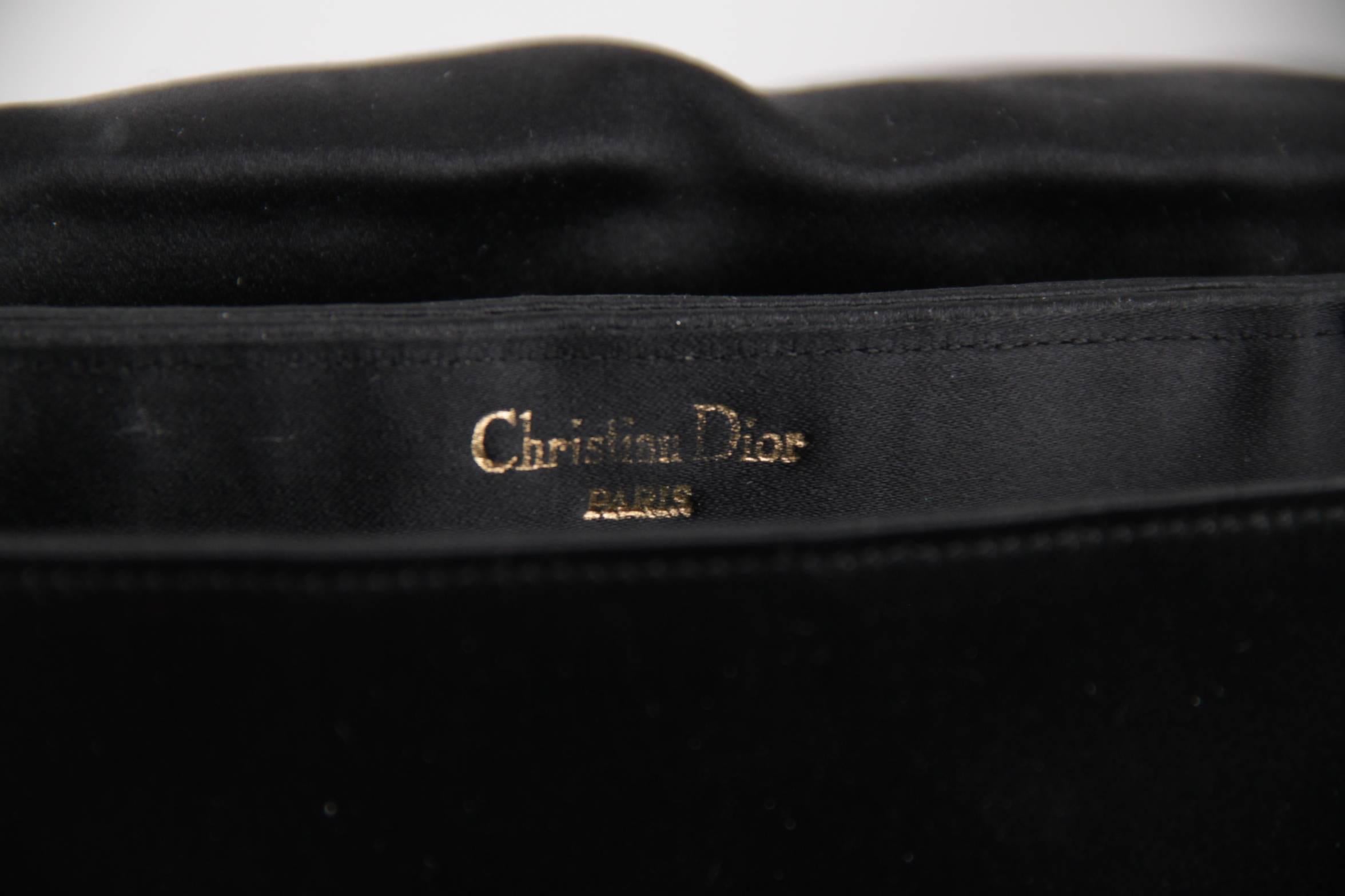 CHRISTIAN DIOR Vintage 50s Black Satin EVENING BAG Clutch RHINESTONES w/Gloves  3