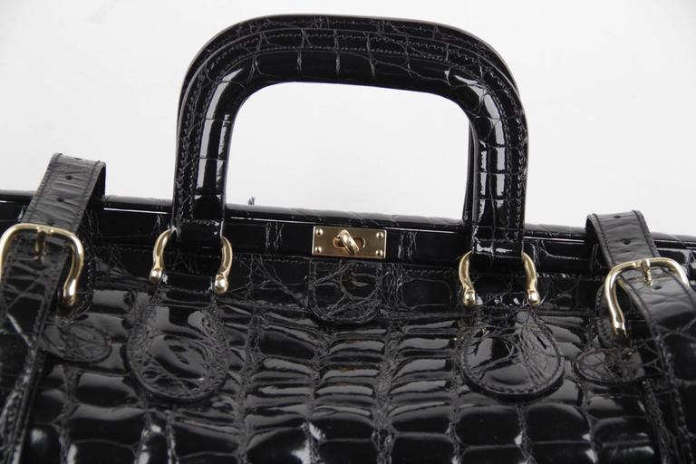 Aldo Raffa Italian Black Embossed Patent Leather Travel Bag Carry On Suitcase For Sale at
