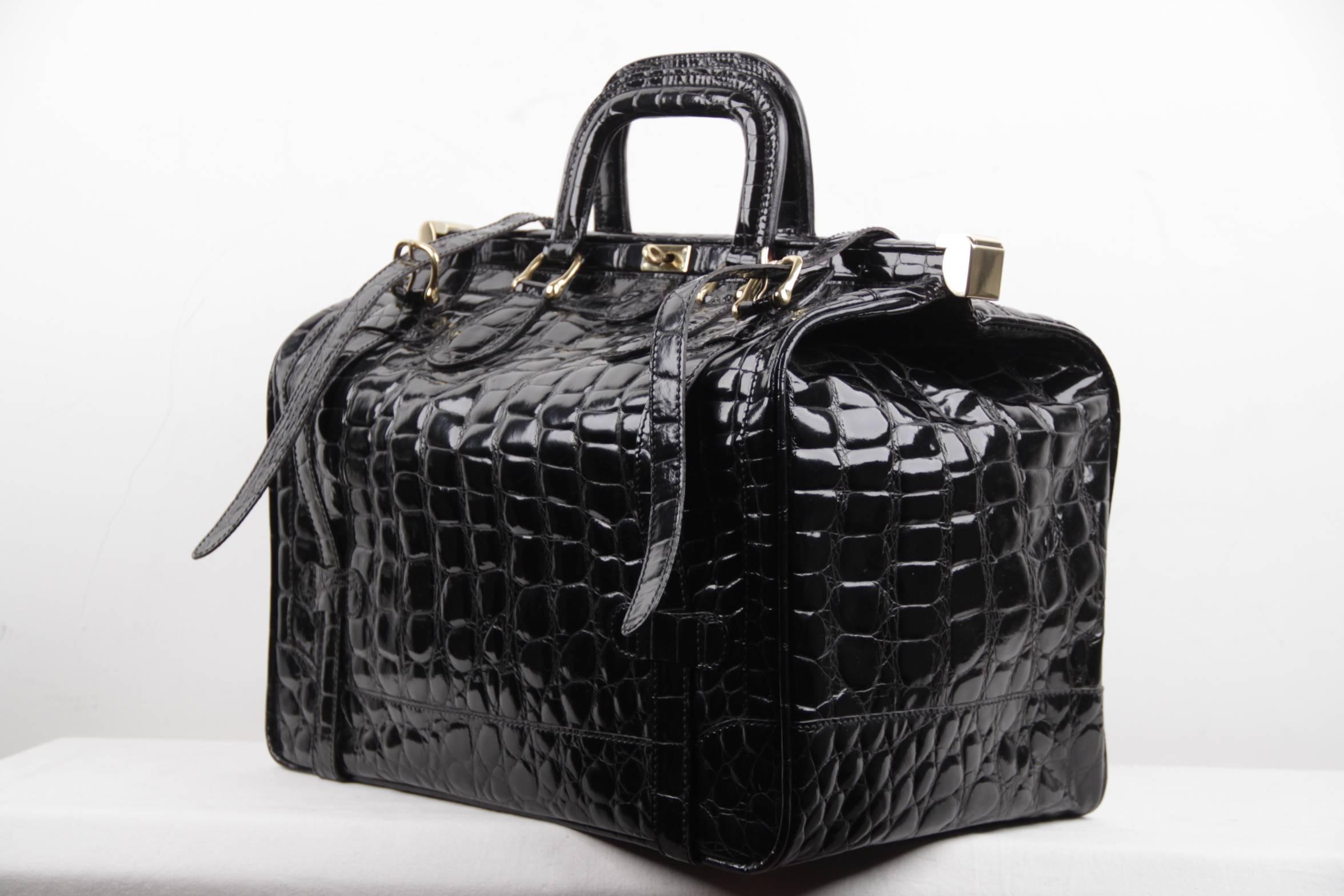 Women's or Men's Aldo Raffa Italian Black Embossed Patent Leather Travel Bag Carry On Suitcase